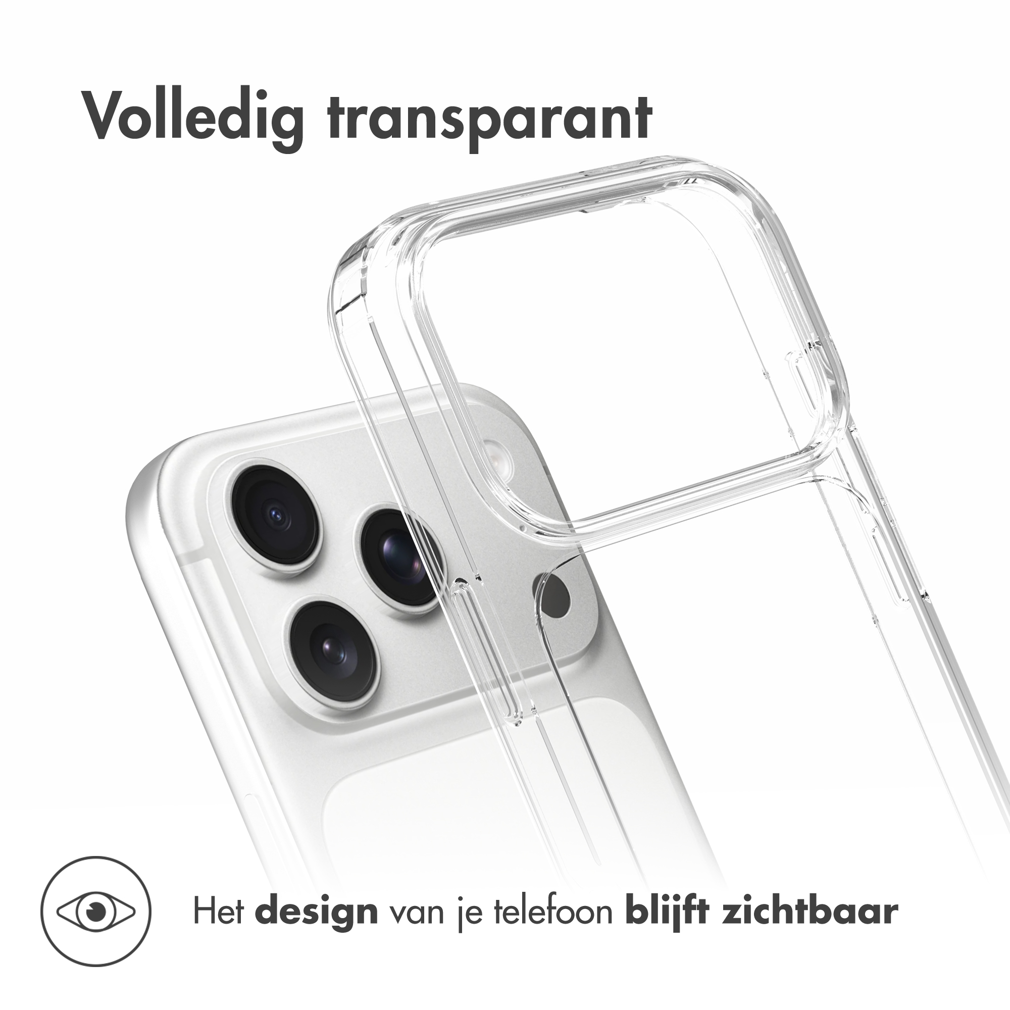 Transparente Hülle auf einem weißen Hintergrund neben einem Smartphone mit drei Kameras.