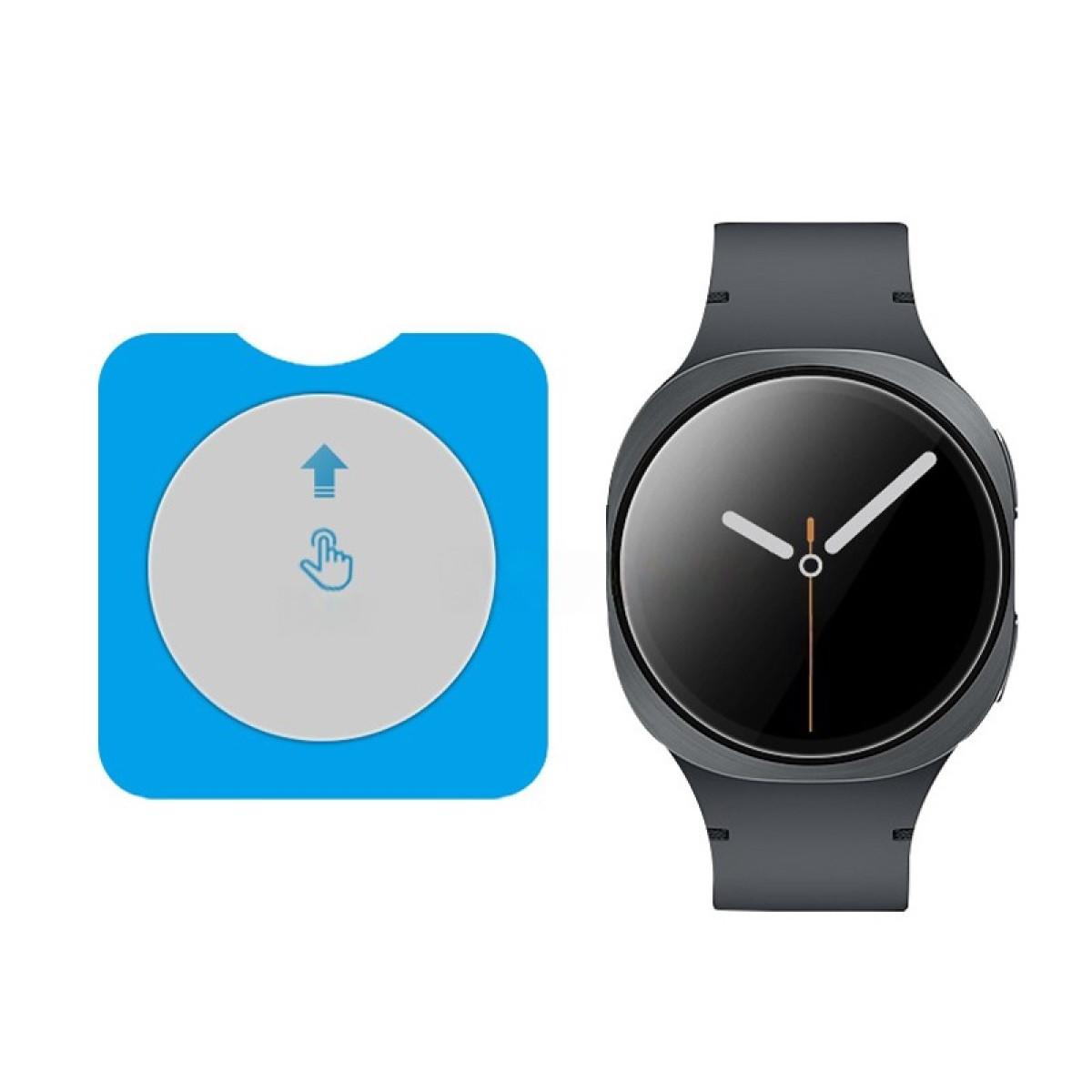 Blaue Karte mit weißem Kreis und Pfeil, daneben eine graue Smartwatch.