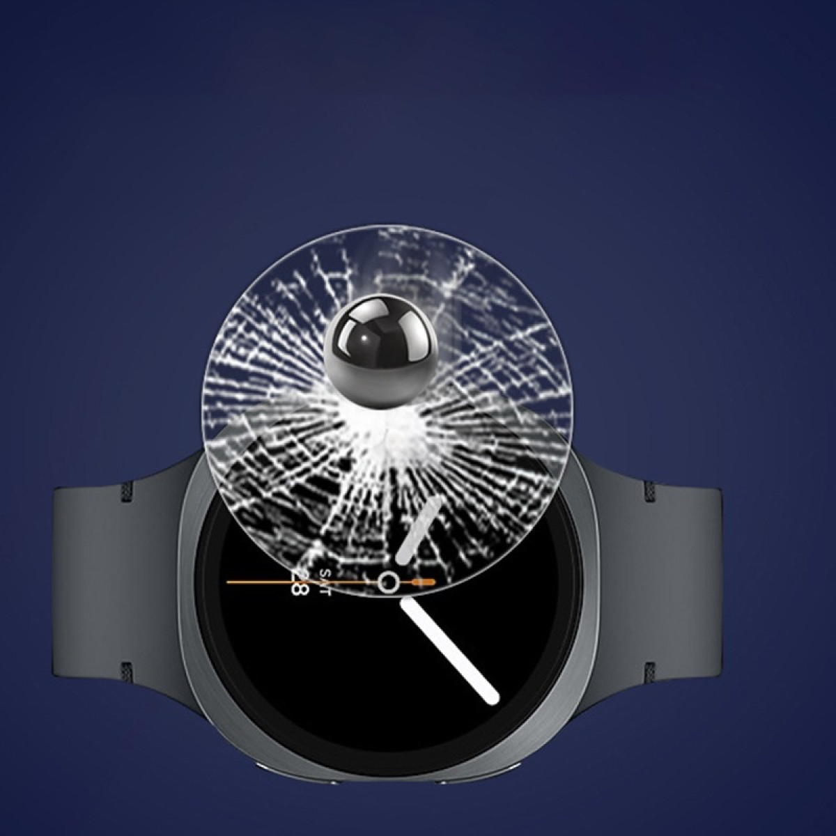 Eine Kugel trifft auf ein zerbrochenes Glas über einer Smartwatch.
