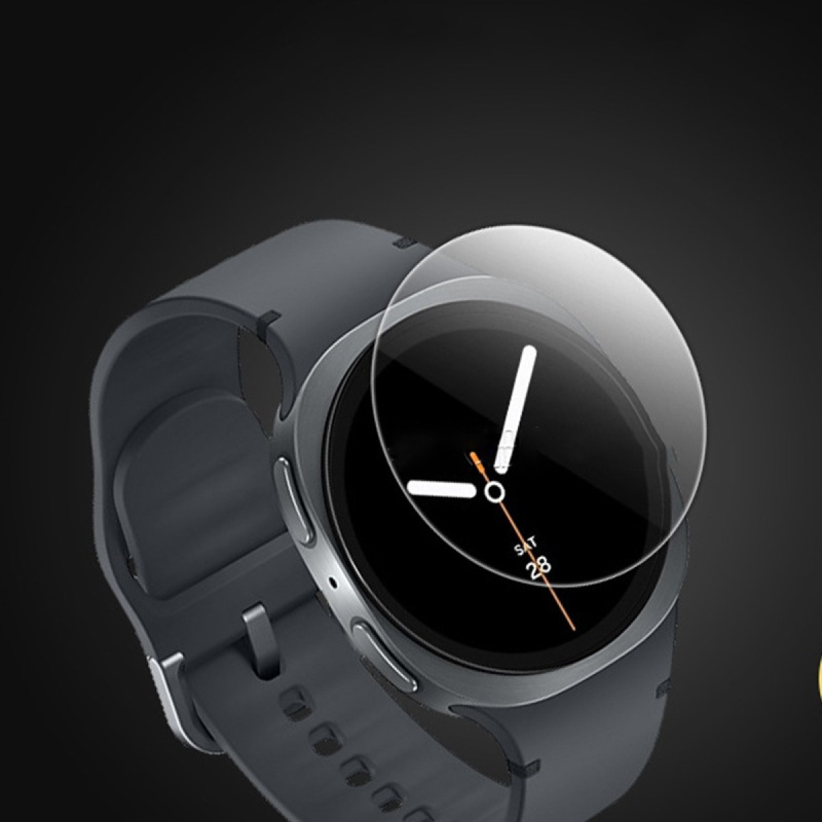 Eine dunkelgraue Smartwatch mit einer klaren Displayschutzfolie auf dem Zifferblatt.