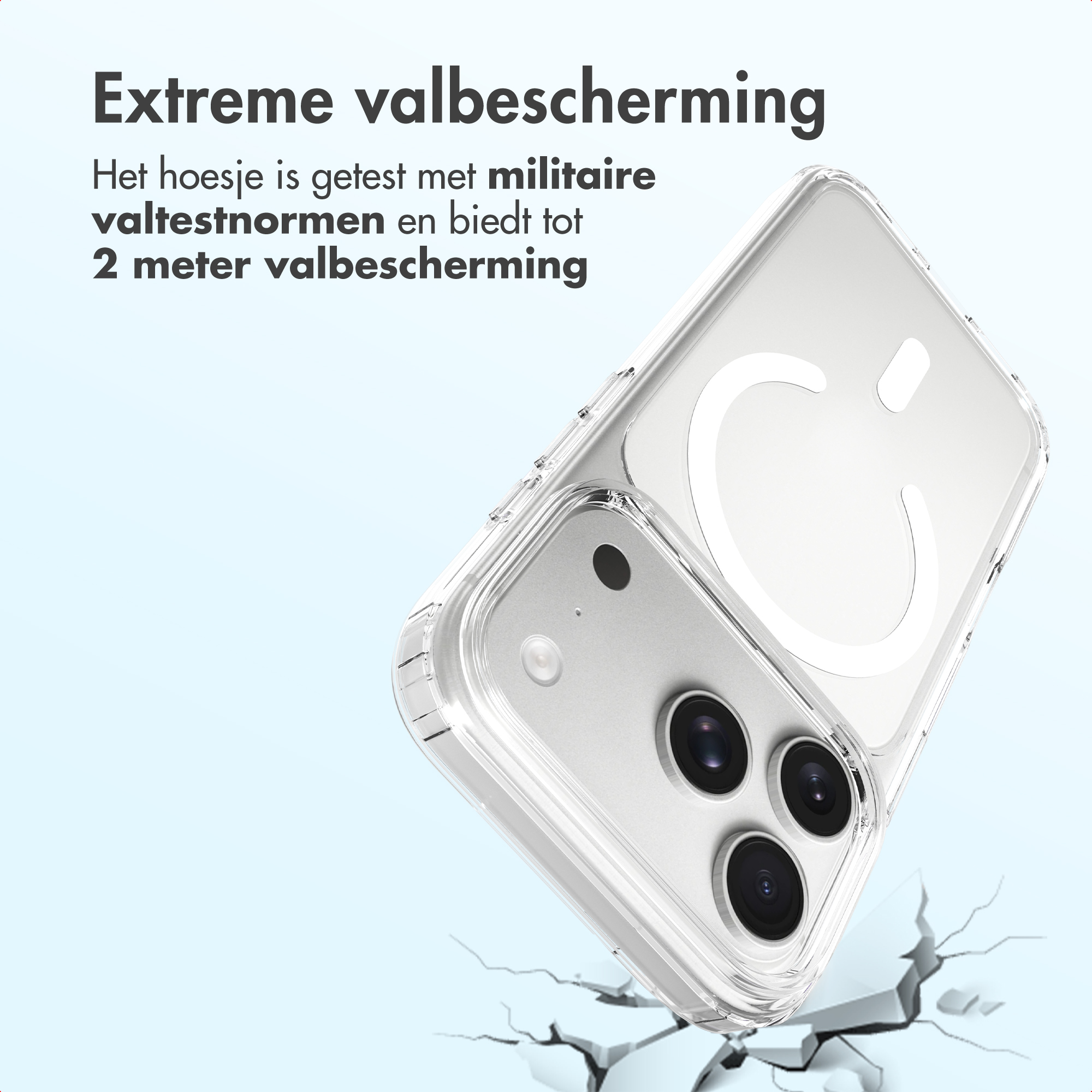 Klares Handyhülle mit magnetischem Ring, fällt auf zerbrochenen Boden.