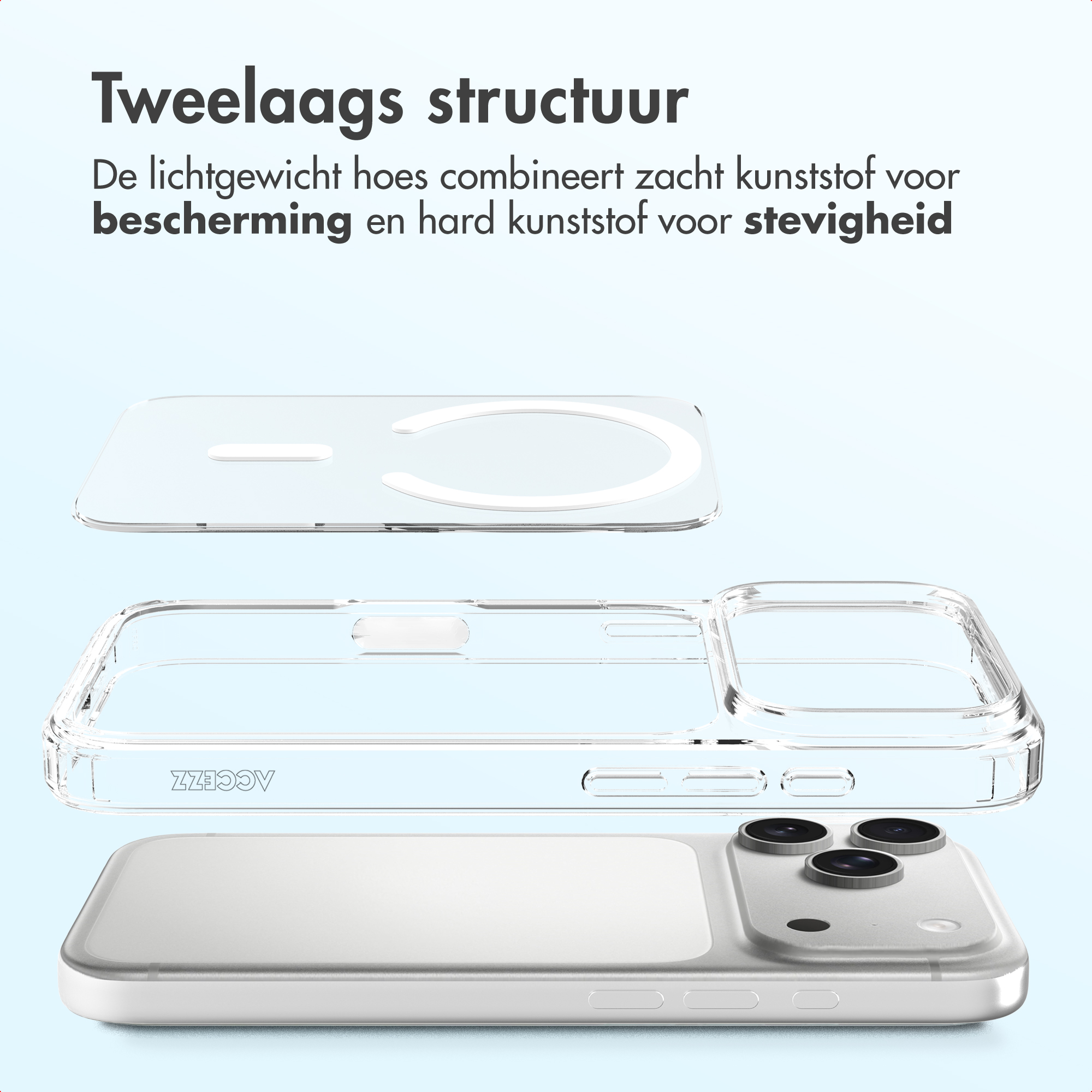 Zwei-Schicht-Struktur: Transparente Handyhülle mit magnetischem Ring und Kameraloch.
