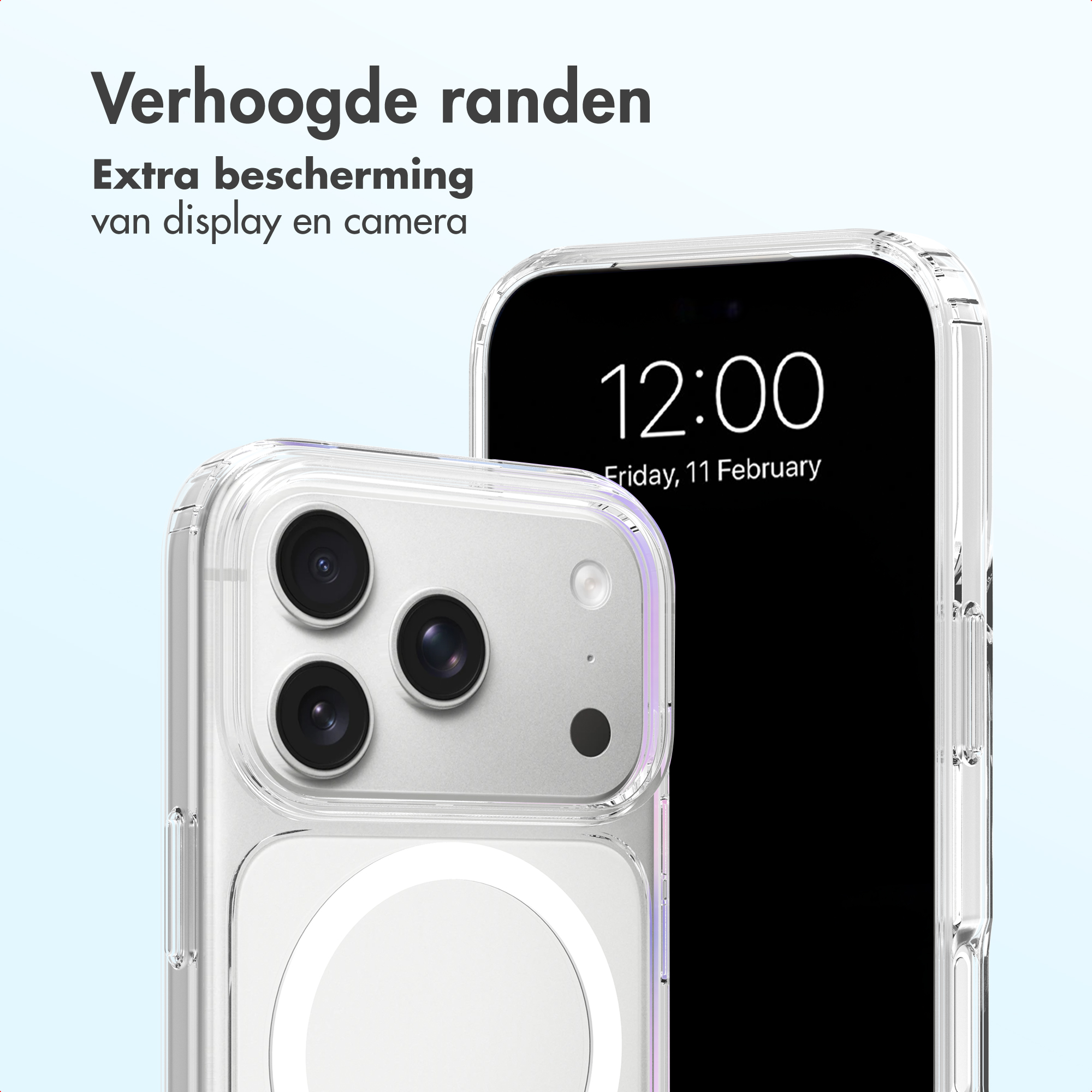 Transparente Hülle mit erhöhten Rändern für iPhone-Kamera und Display.