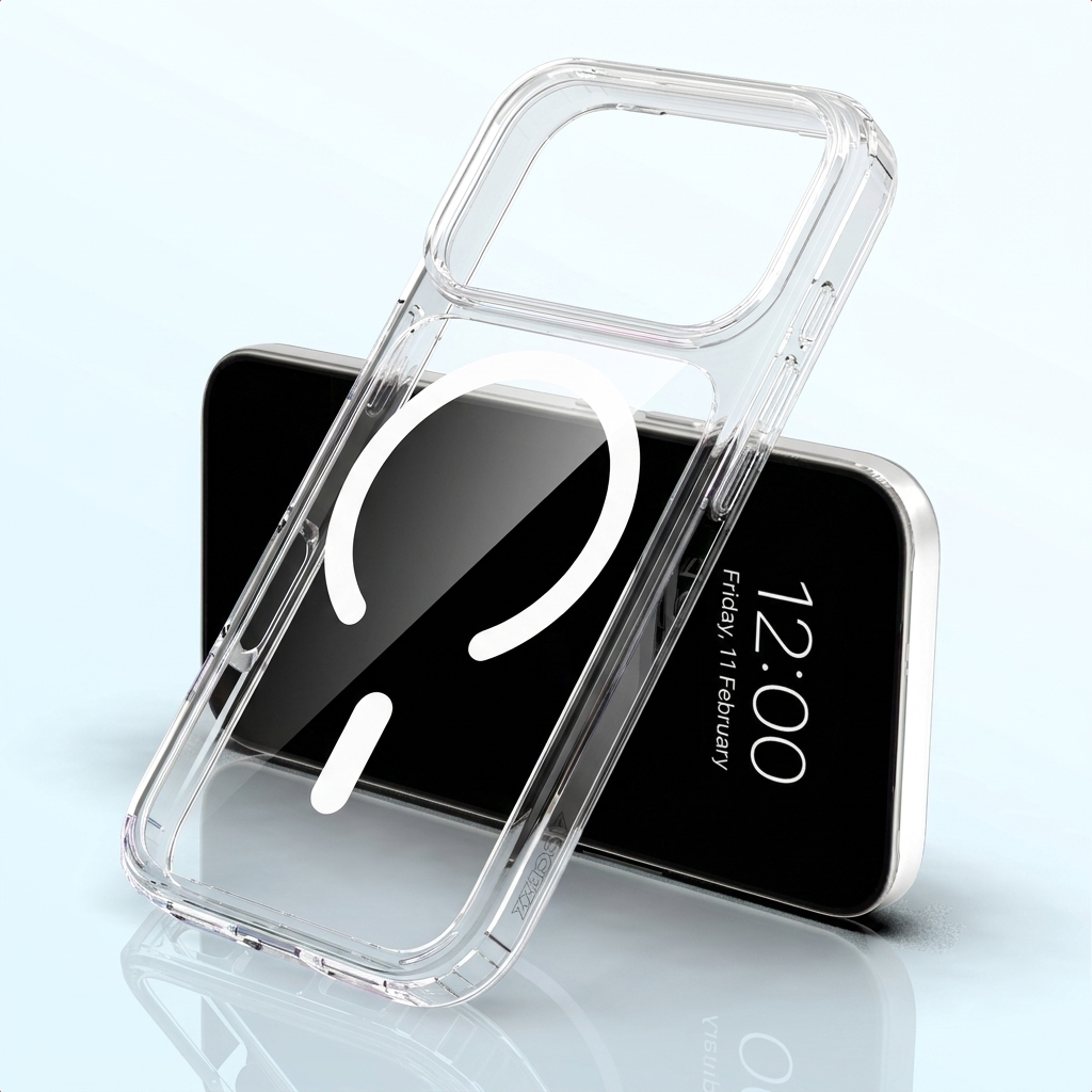 Eine durchsichtige iPhone-H ülle mit weißem Magnetring liegt auf einem schwarzen iPhone.