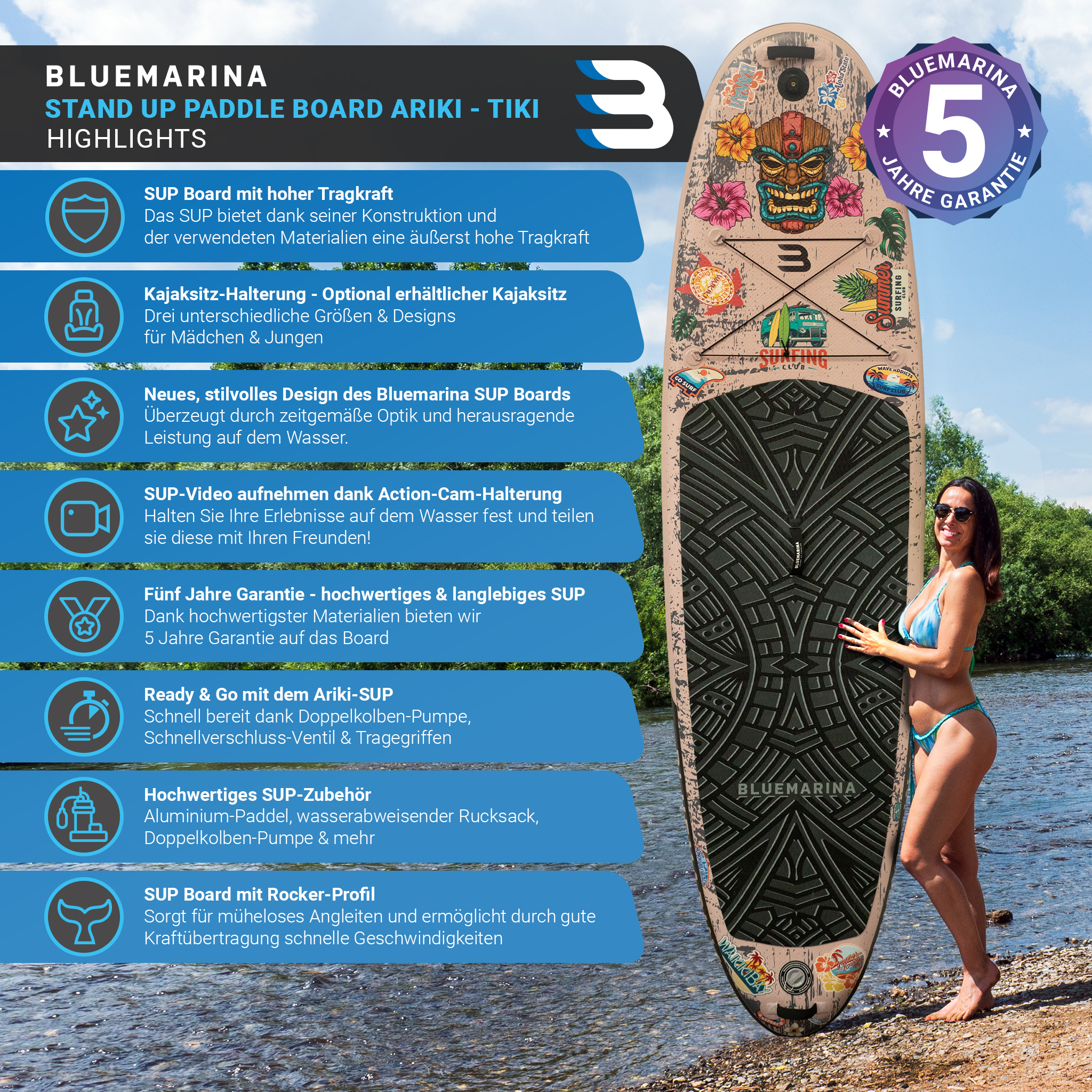 Eine Frau im Bikini steht neben einem dekorativen SUP-Board am Wasser.