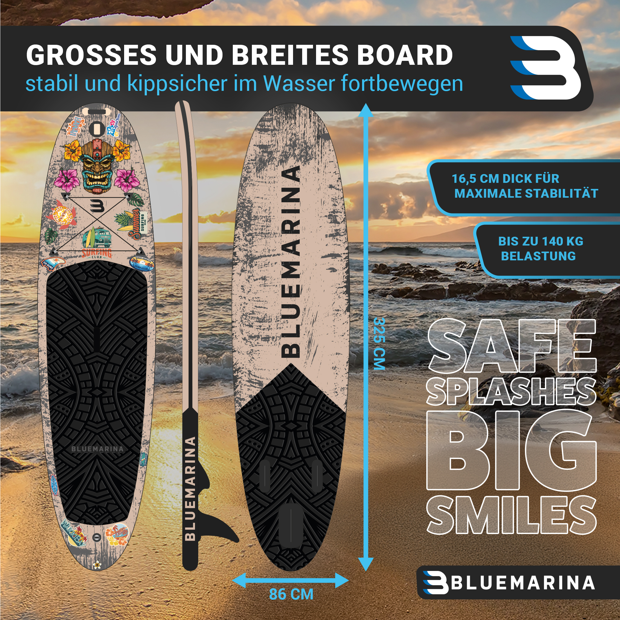 Stand-Up-Paddle-Board mit tropischem Tiki-Design, 325cm lang, 86cm breit.