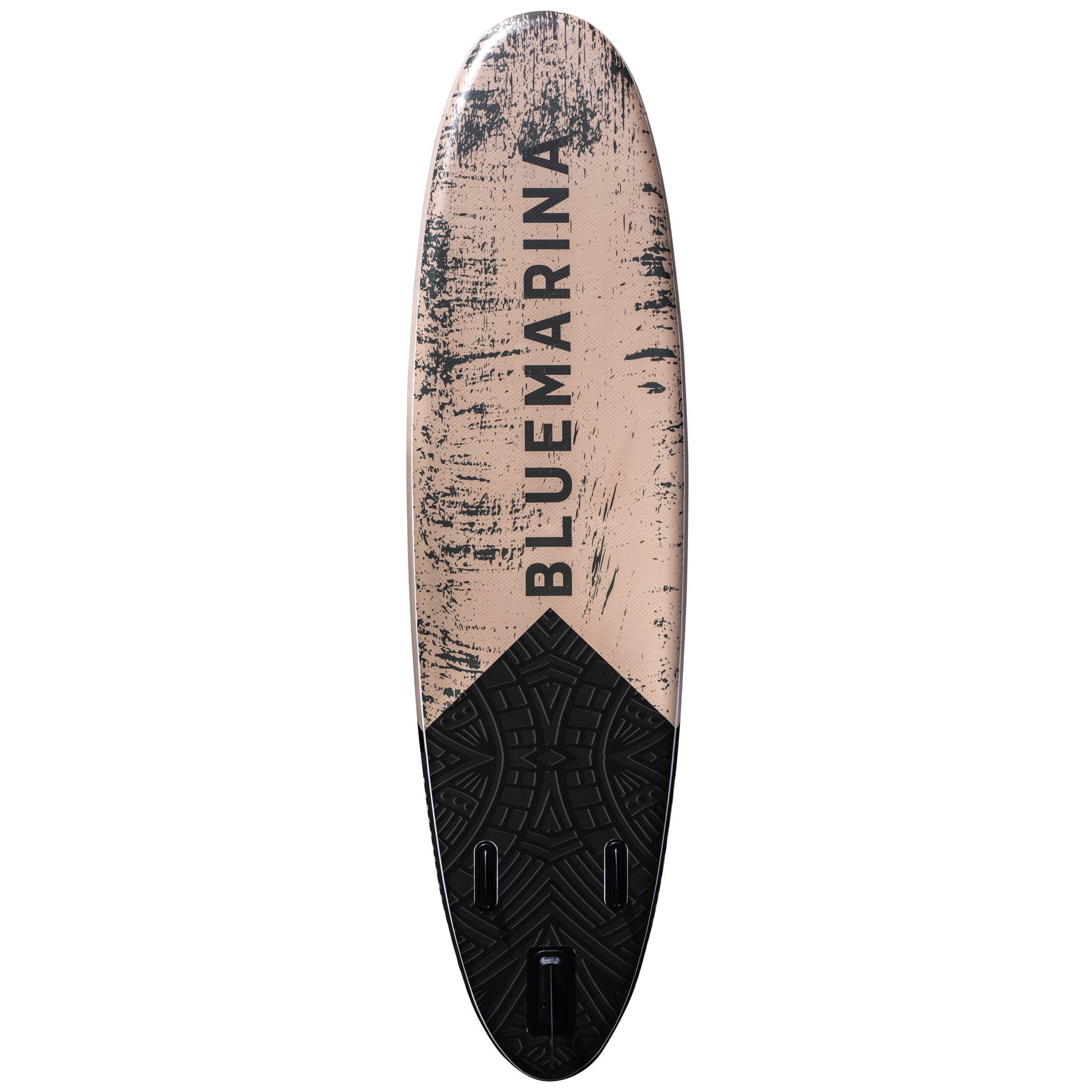 Ein beigefarbener SUP-Board mit schwarzen Schnörkeln und Griffen.