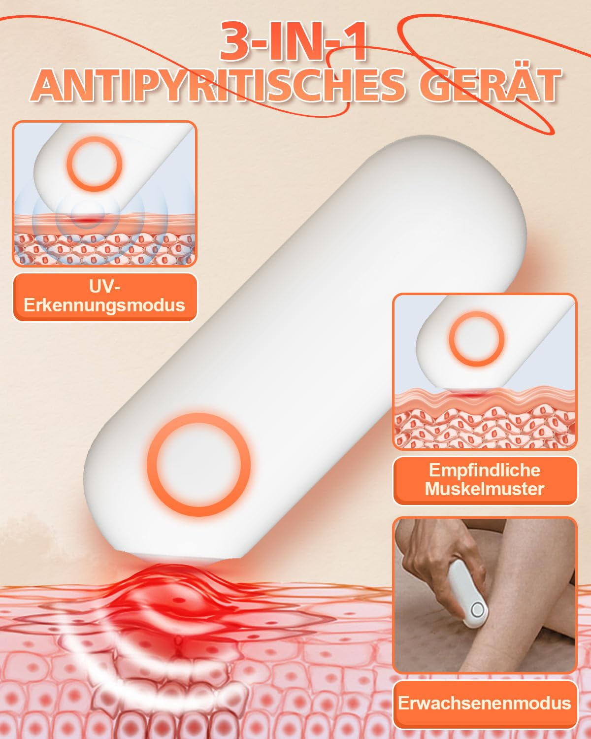 Ein 3-in-1 Gerät zur Hautpflege mit UV-Erkennungs-, Muskelmuster- und Erwachsenenmodus.