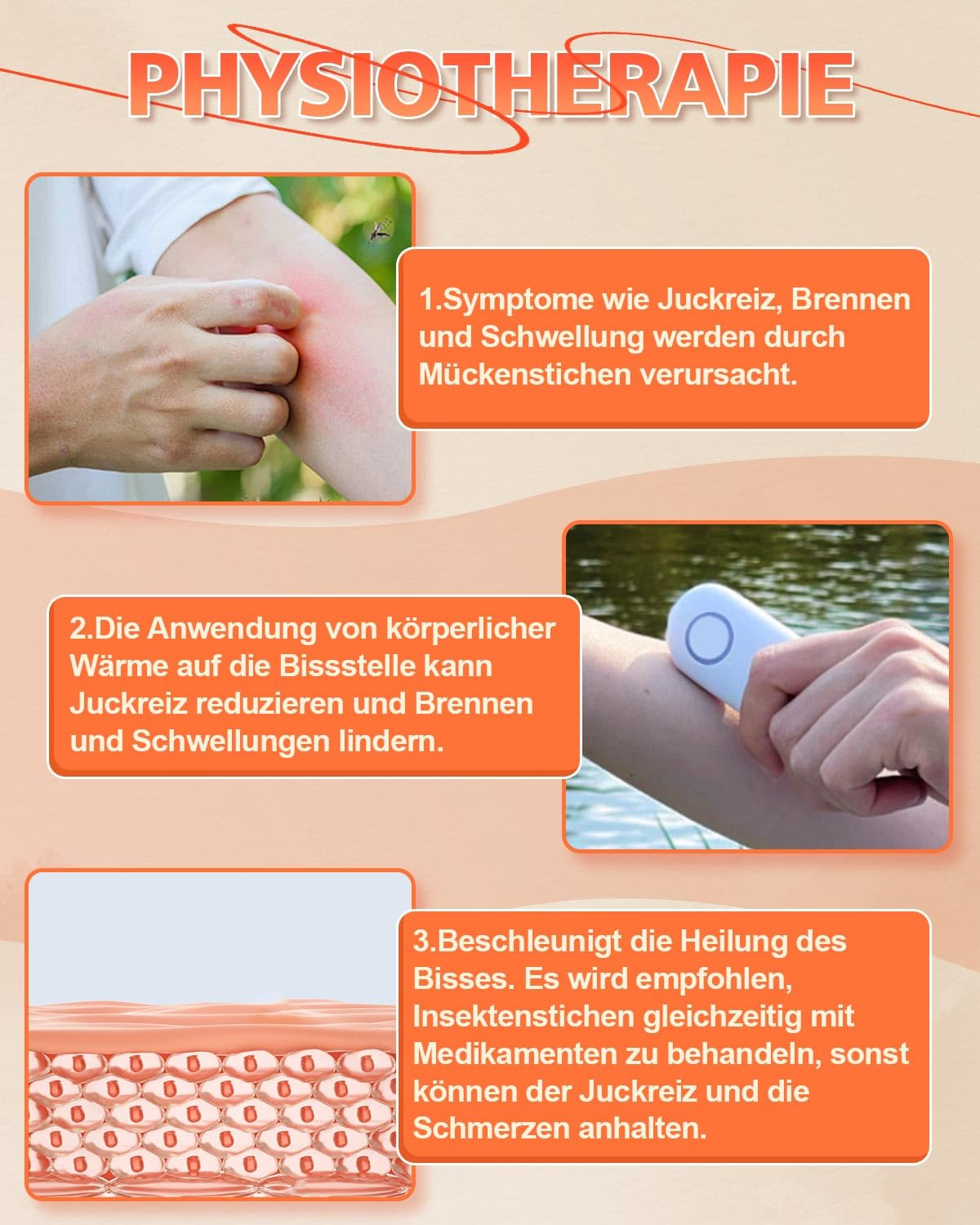 Illustrationen und Text erklären Mückenstiche und deren Behandlung.