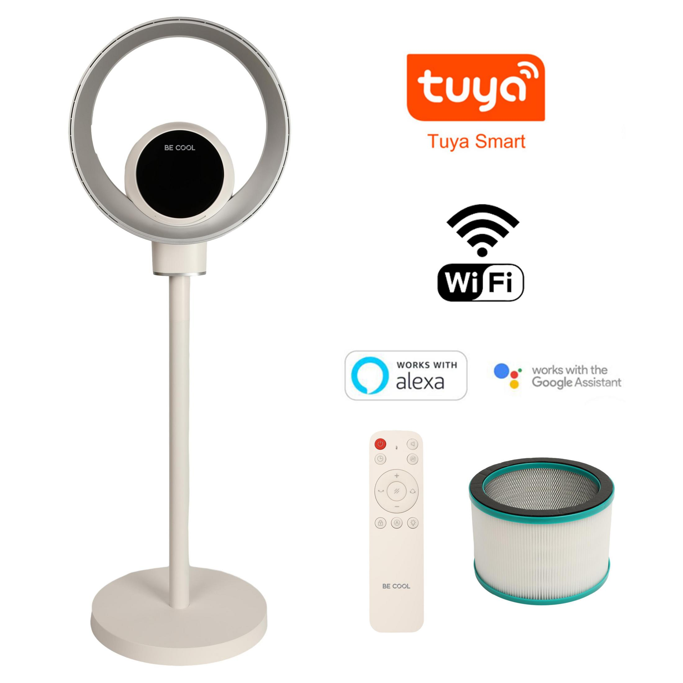 Ein weißer Standventilator mit Ring, Fernbedienung, Filter und smarten Logos.