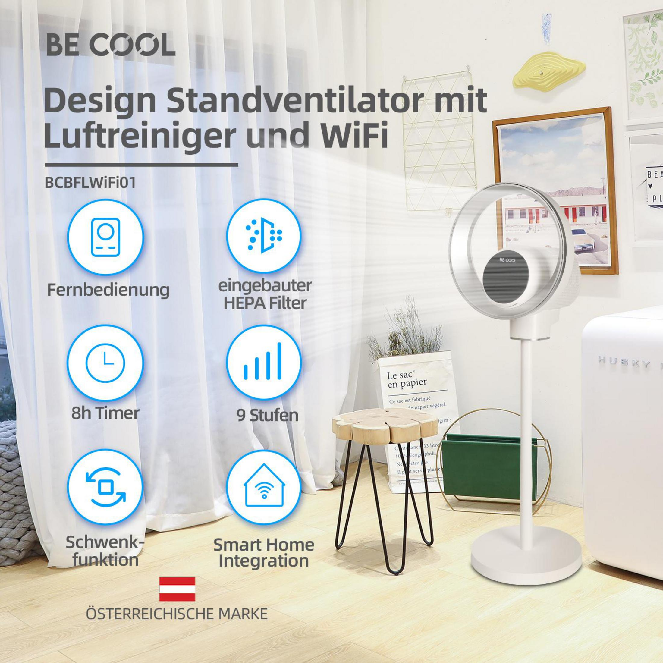 Ein weißer Standventilator mit Luftreiniger und WiFi, mit Symbolen für Funktionen.