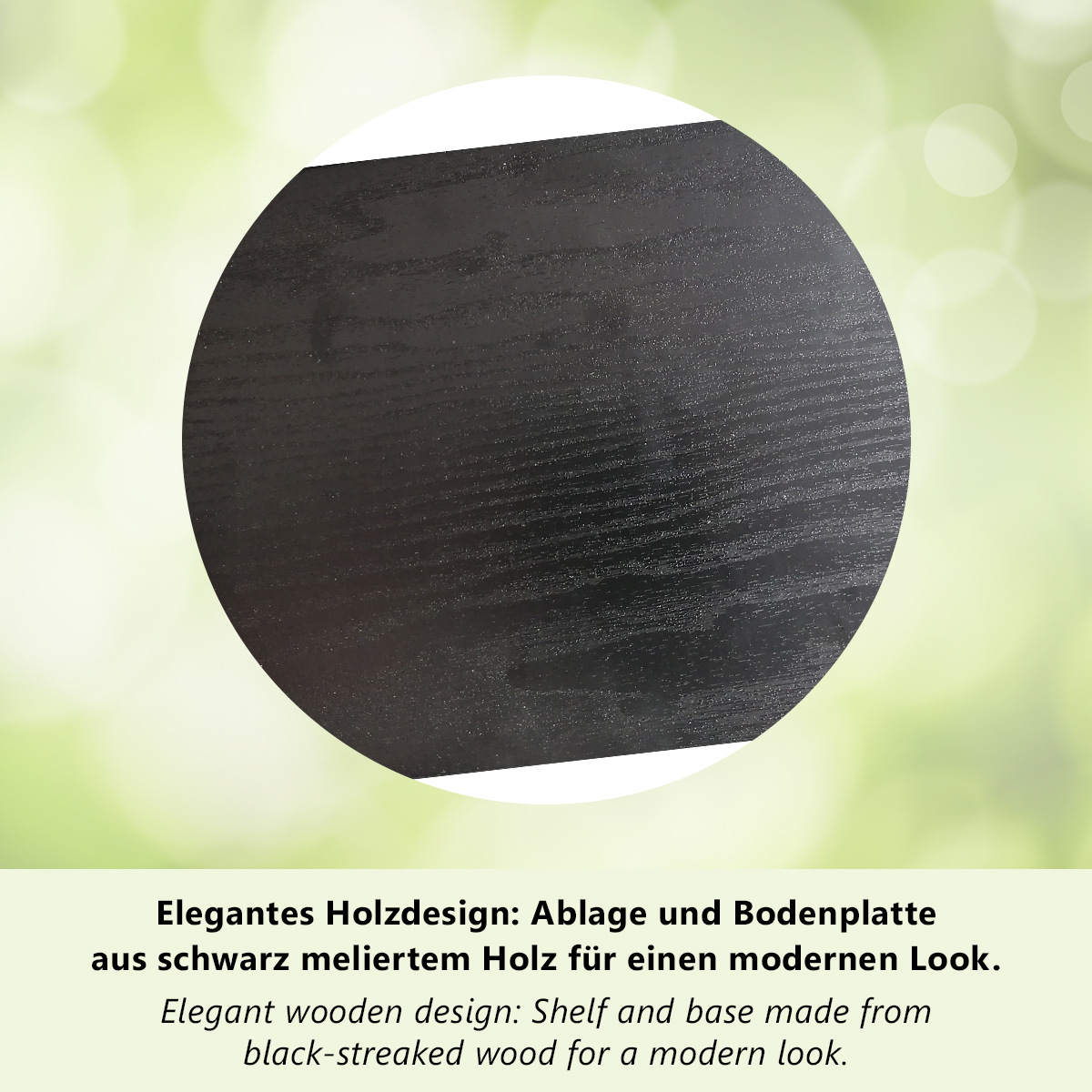 Schwarzes Holz mit Streifen, Teil eines Regals oder Sockels.