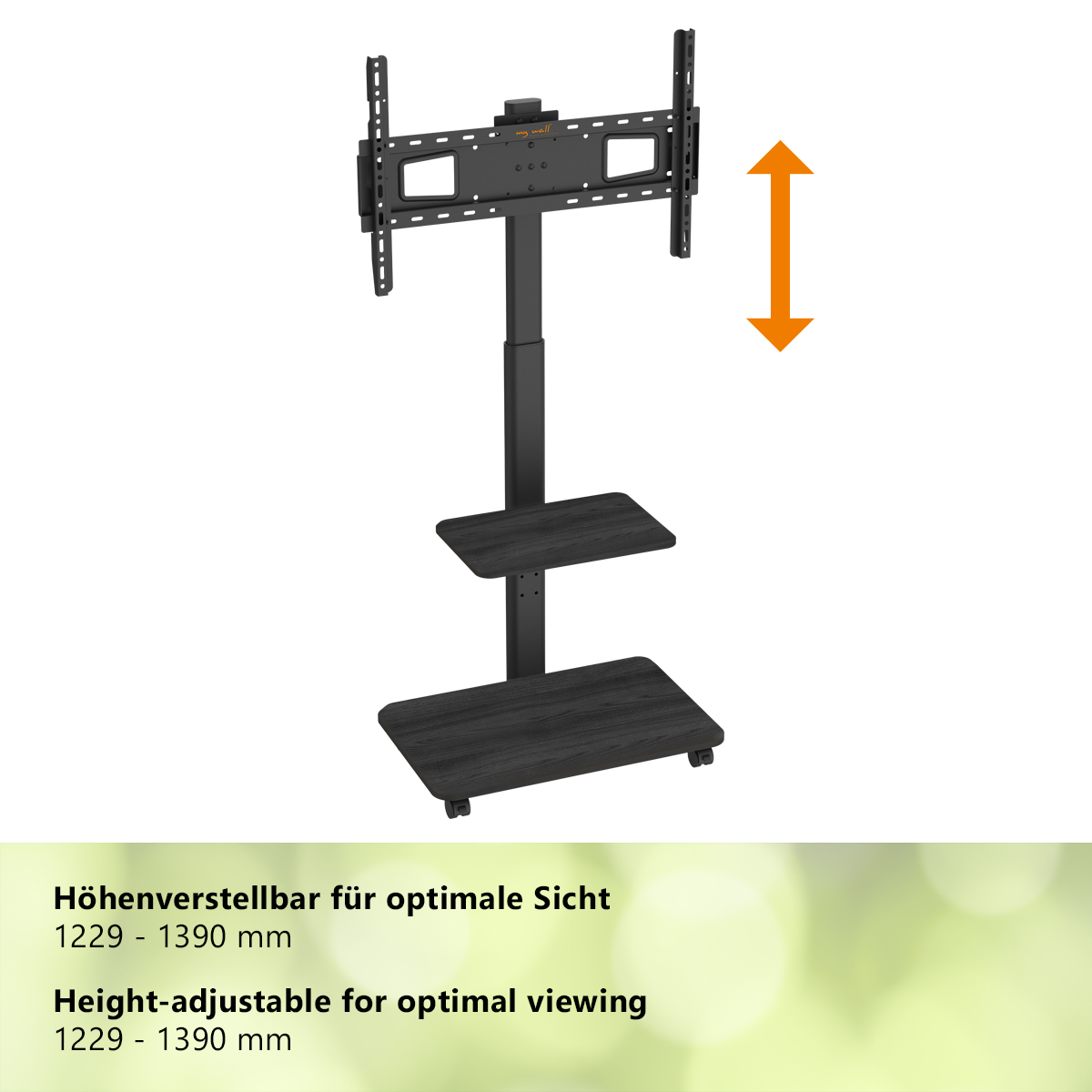 Ein höhenverstellbarer TV-Ständer mit zwei Ablagen und Rollen.