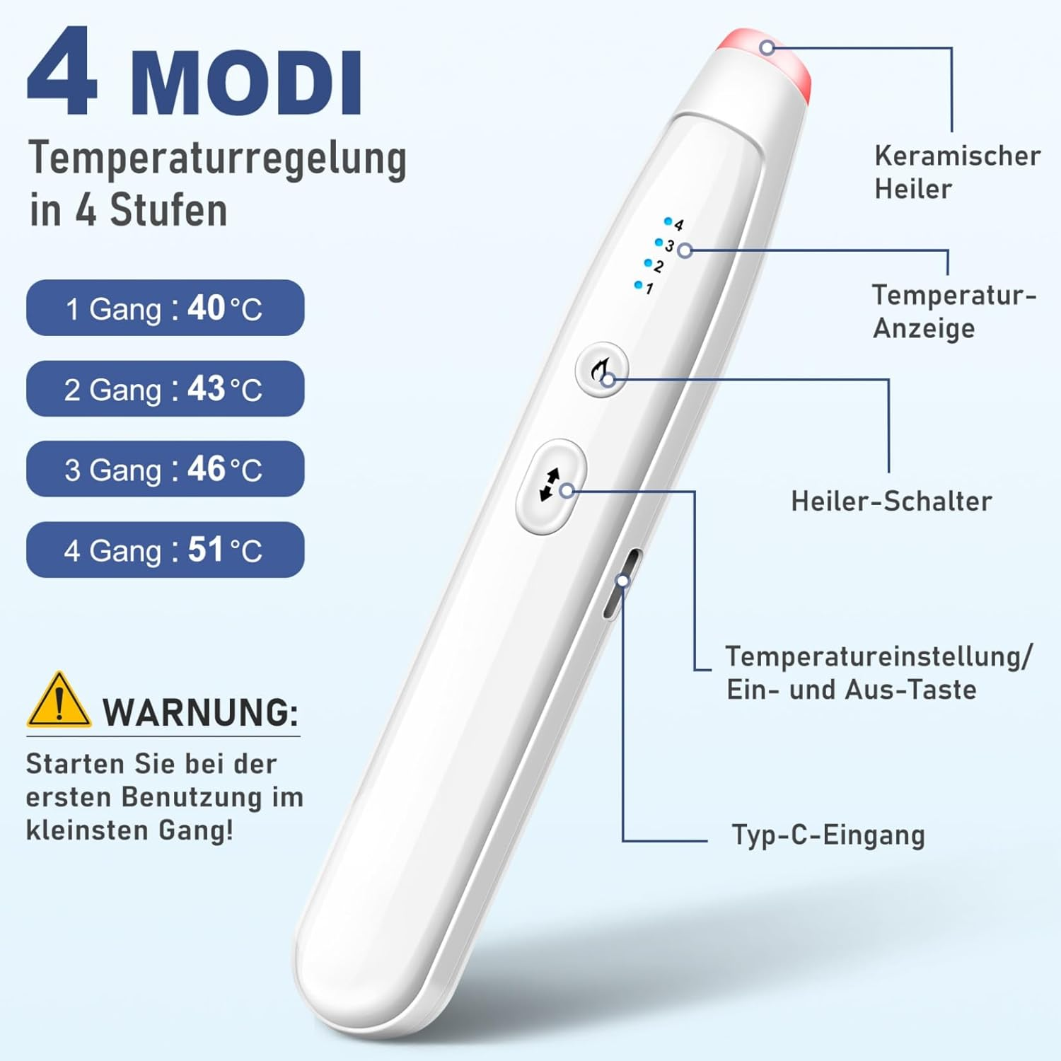 Ein weißer Stift mit Temperaturregelung in 4 Stufen, mit Warnhinweis.
