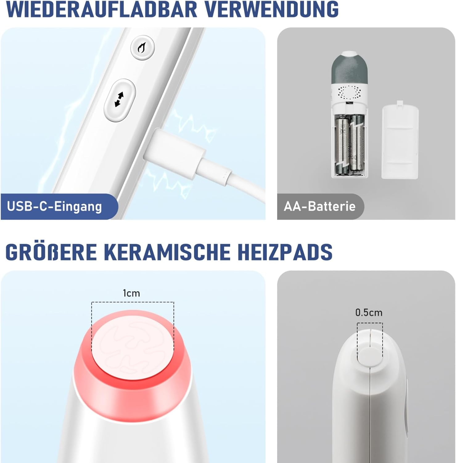 Wiederaufladbar mit USB-C, AA-Batterie, 1cm und 0.5cm Keramik-Heizpads.