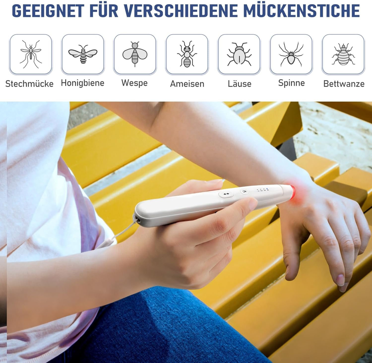 Ein weißes Gerät wird auf einen roten Mückenstich am Handgelenk angewendet.