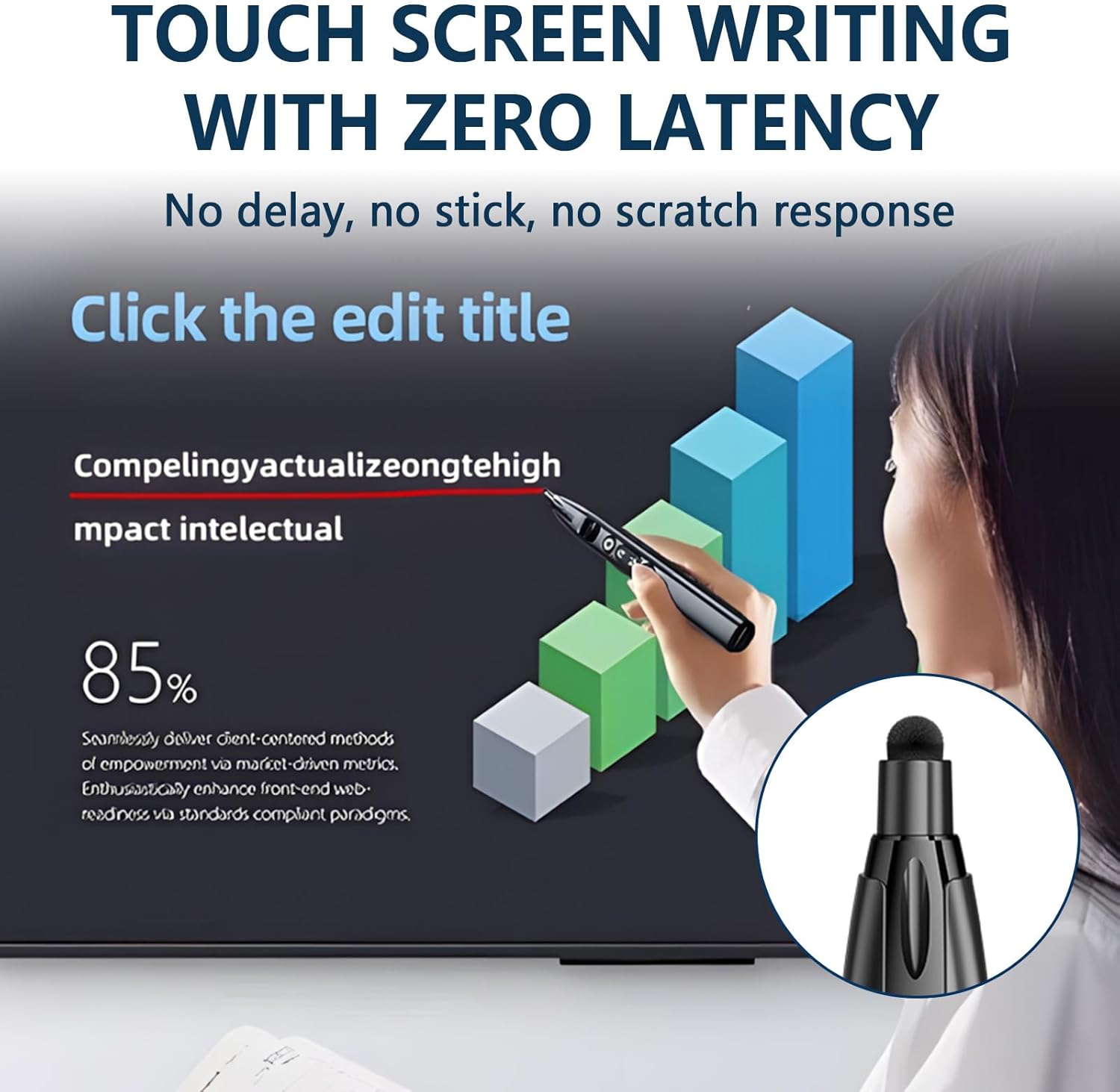 Frau schreibt auf einen Touchscreen mit einem Stift, der Diagramme anzeigt.
