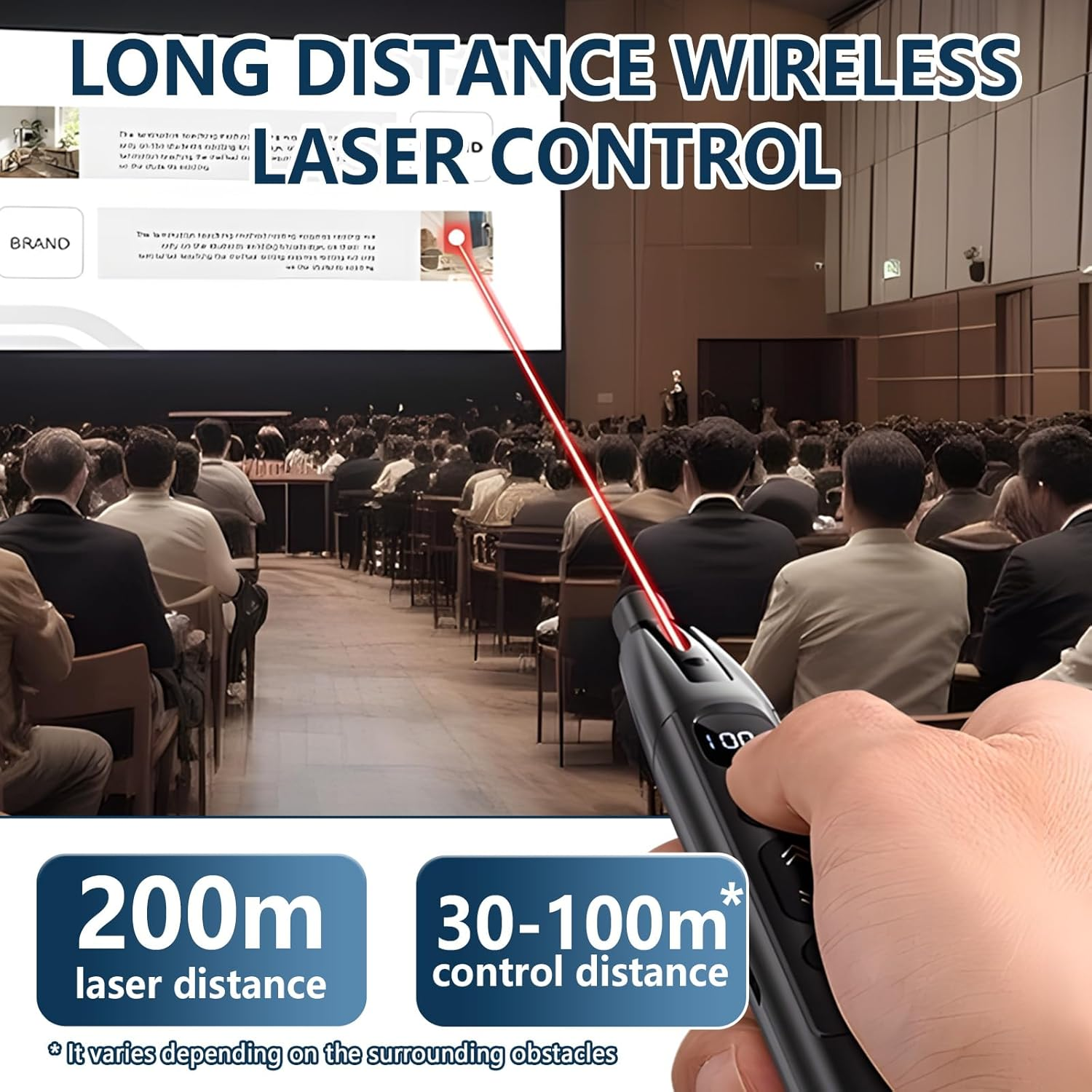 Hand hält schwarzen Laser-Pointer auf Konferenzpublikum, 200m Reichweite.