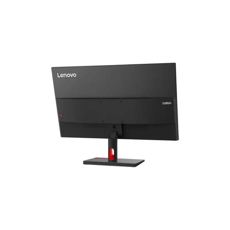 Dikdörtgen stand üzerinde siyah Lenovo ThinkVision monitörün arka görünümü.