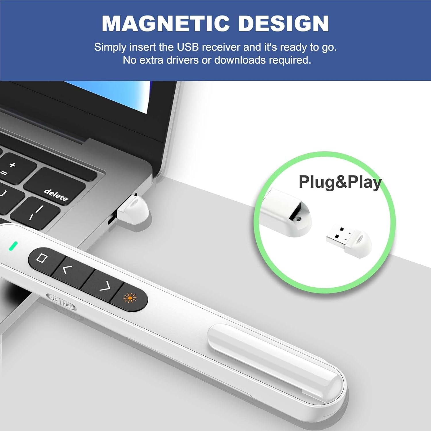 Ein weißer Präsentationsklicker mit USB-Empfänger wird in einen Laptop gesteckt.