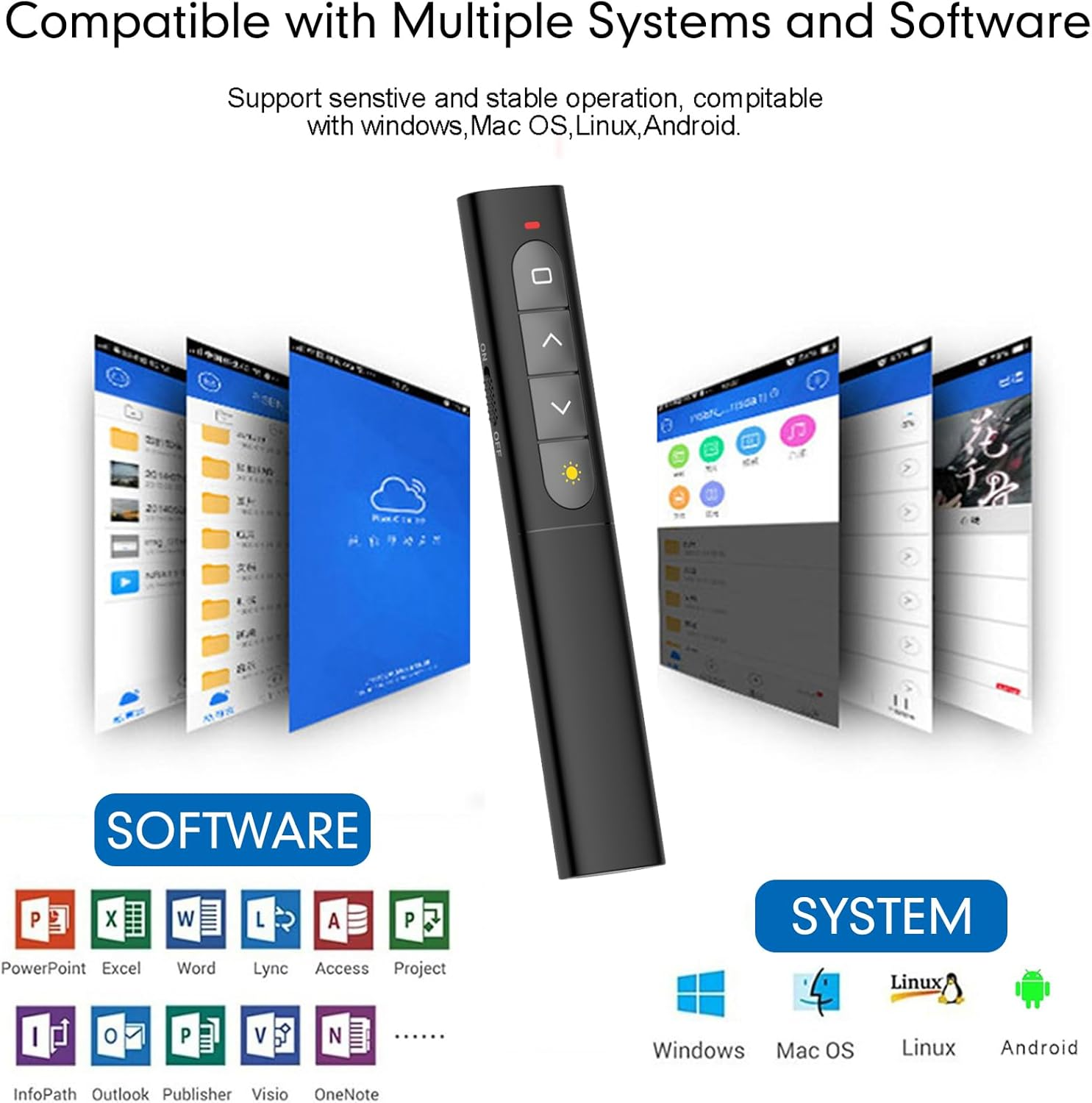 Eine schwarze Fernbedienung mit Tasten und Symbolen für Software- und Systemkompatibilität.
