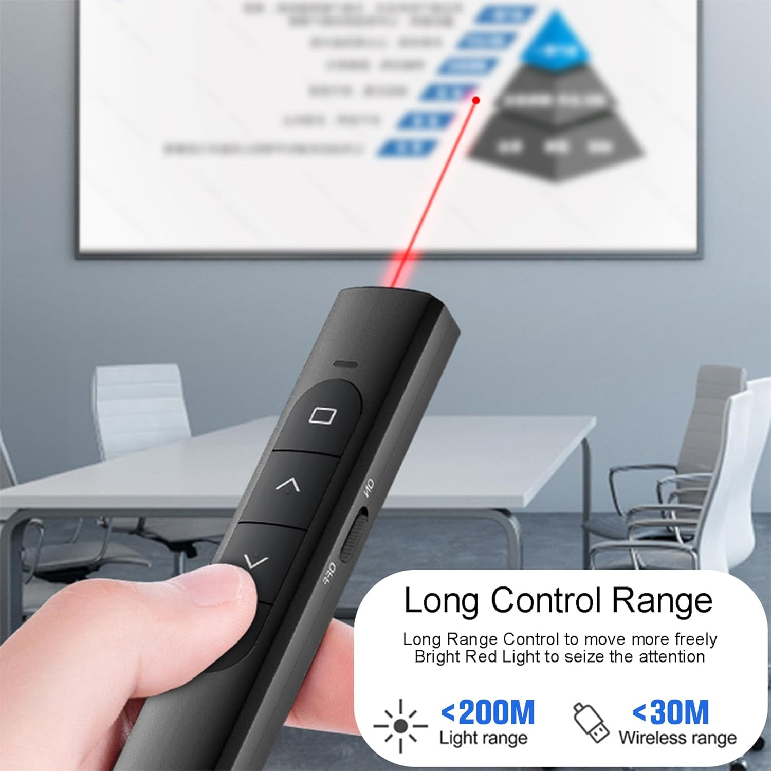 Ein schwarzer Laserpointer zeigt mit rotem Licht auf eine Präsentation.