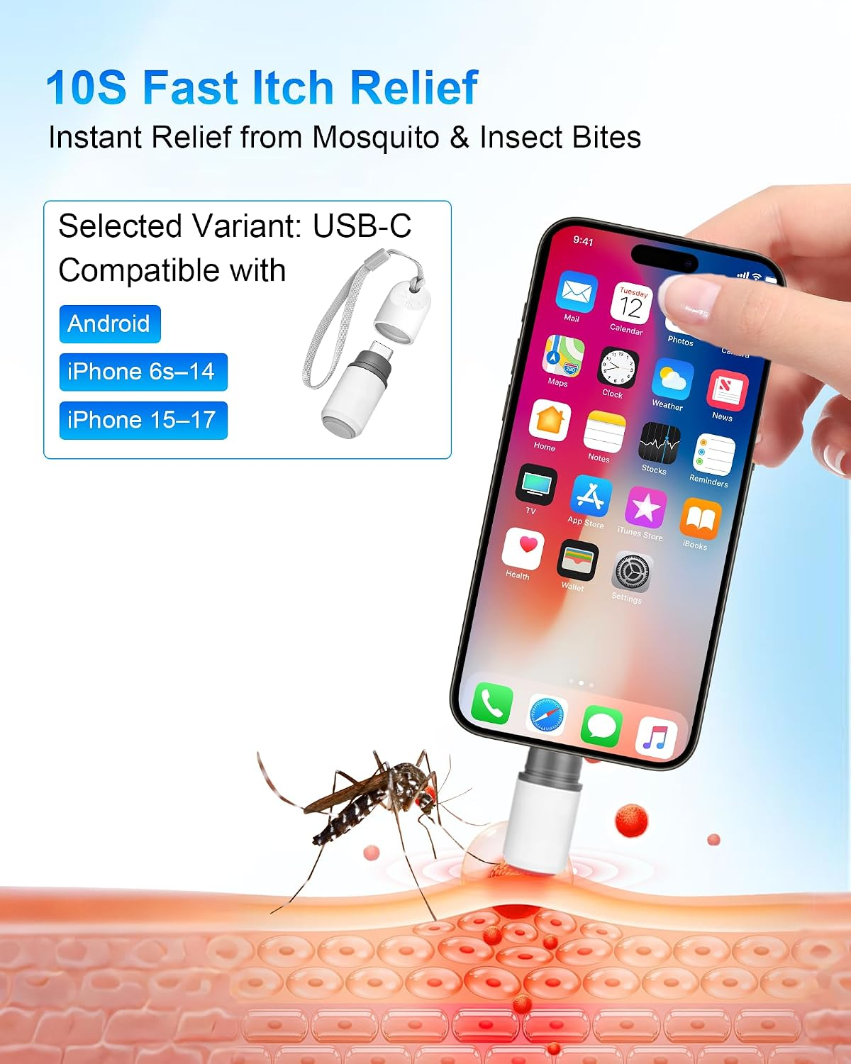 Ein Moskito sticht in die Haut, während ein USB-C-Gerät daneben gehalten wird.