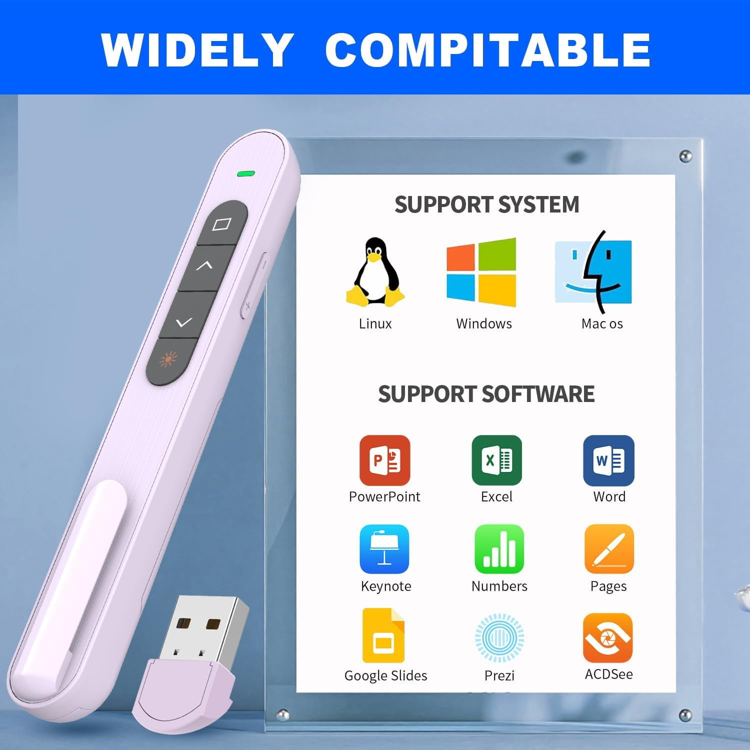 Ein hellviolettes Präsentations-Clicker und USB-Stick mit Icons für Software- und OS-Kompatibilität.