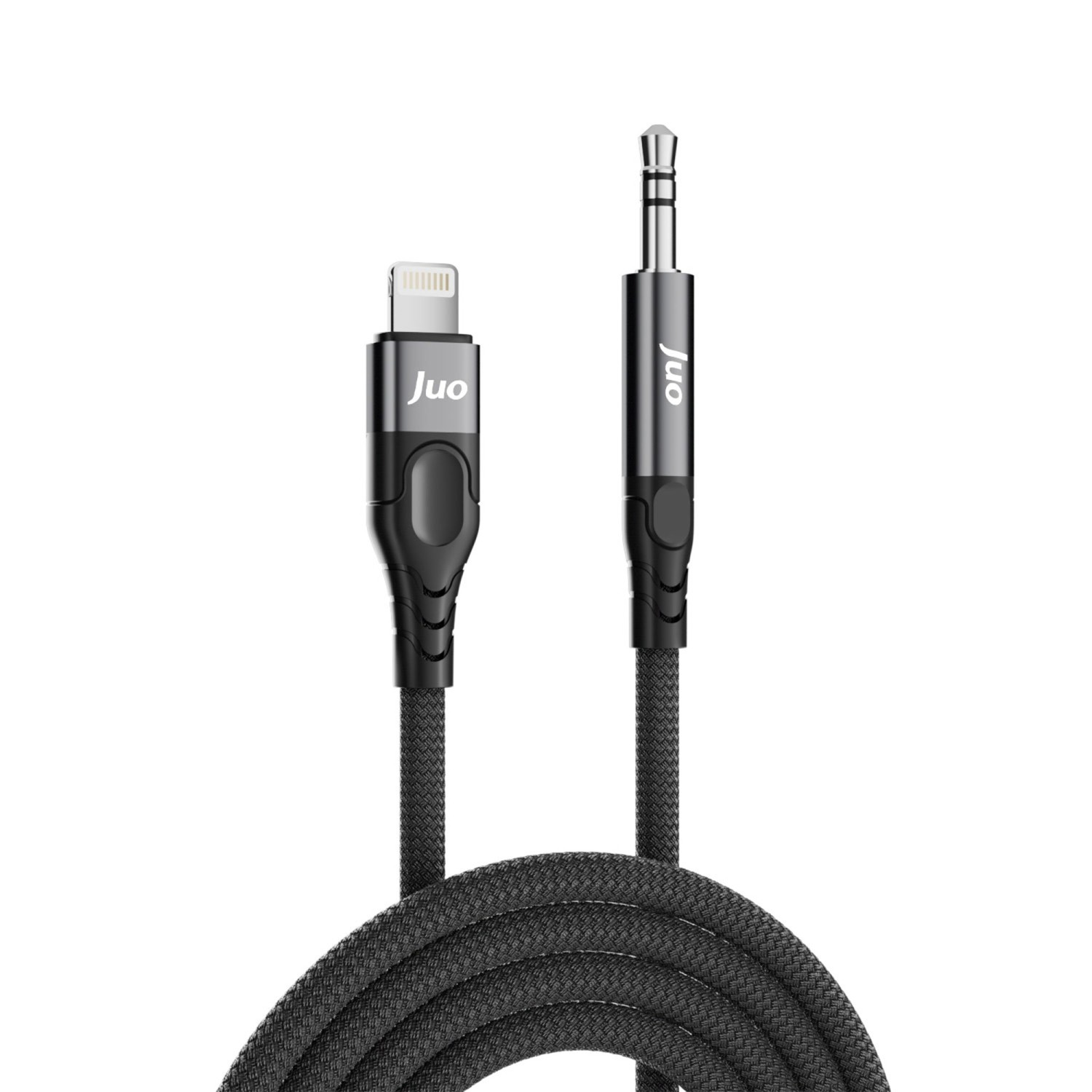 Juo marka Lightning ve 3,5 mm konektörlü siyah bir kablo.