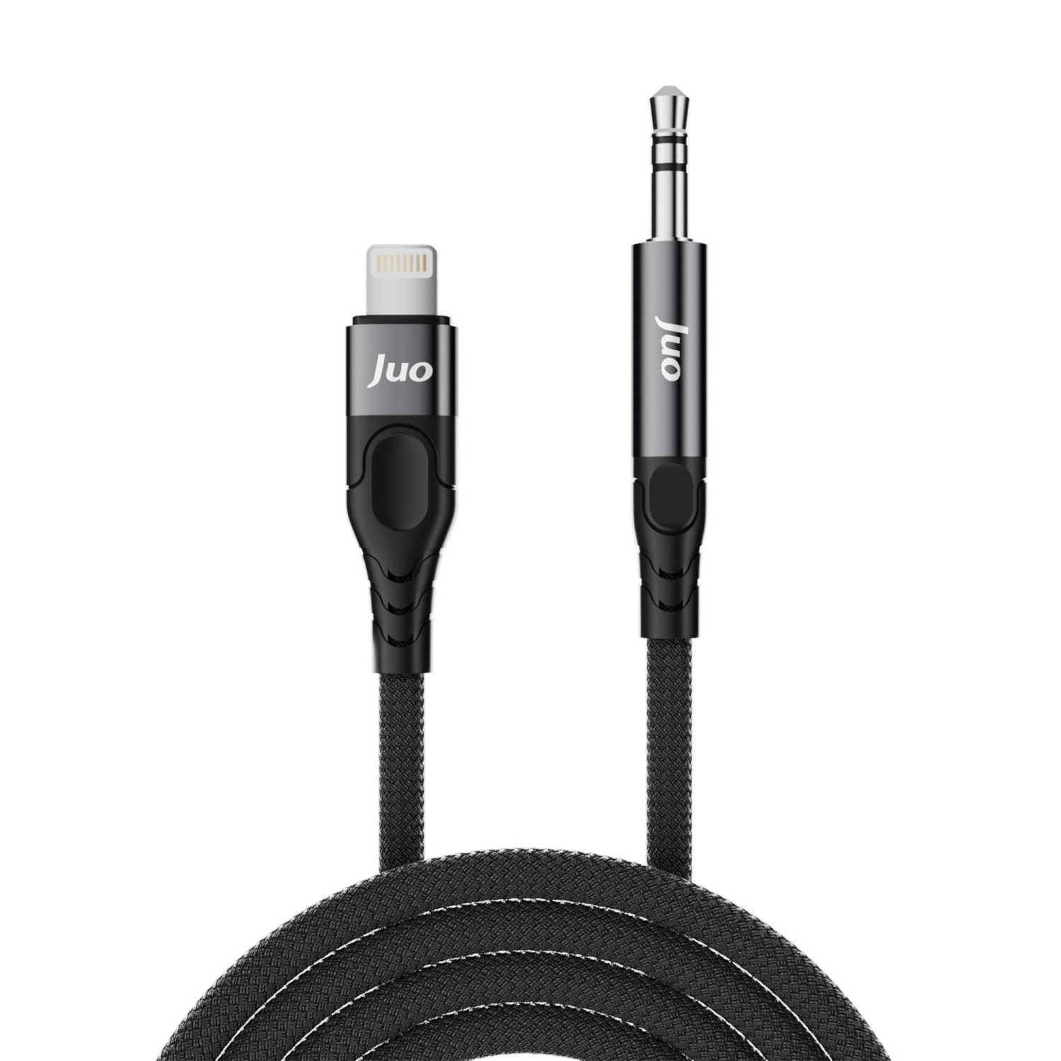 Siyah ses kablosu, lightning ve 3,5 mm jak konektörlü, beyaz dikişli.