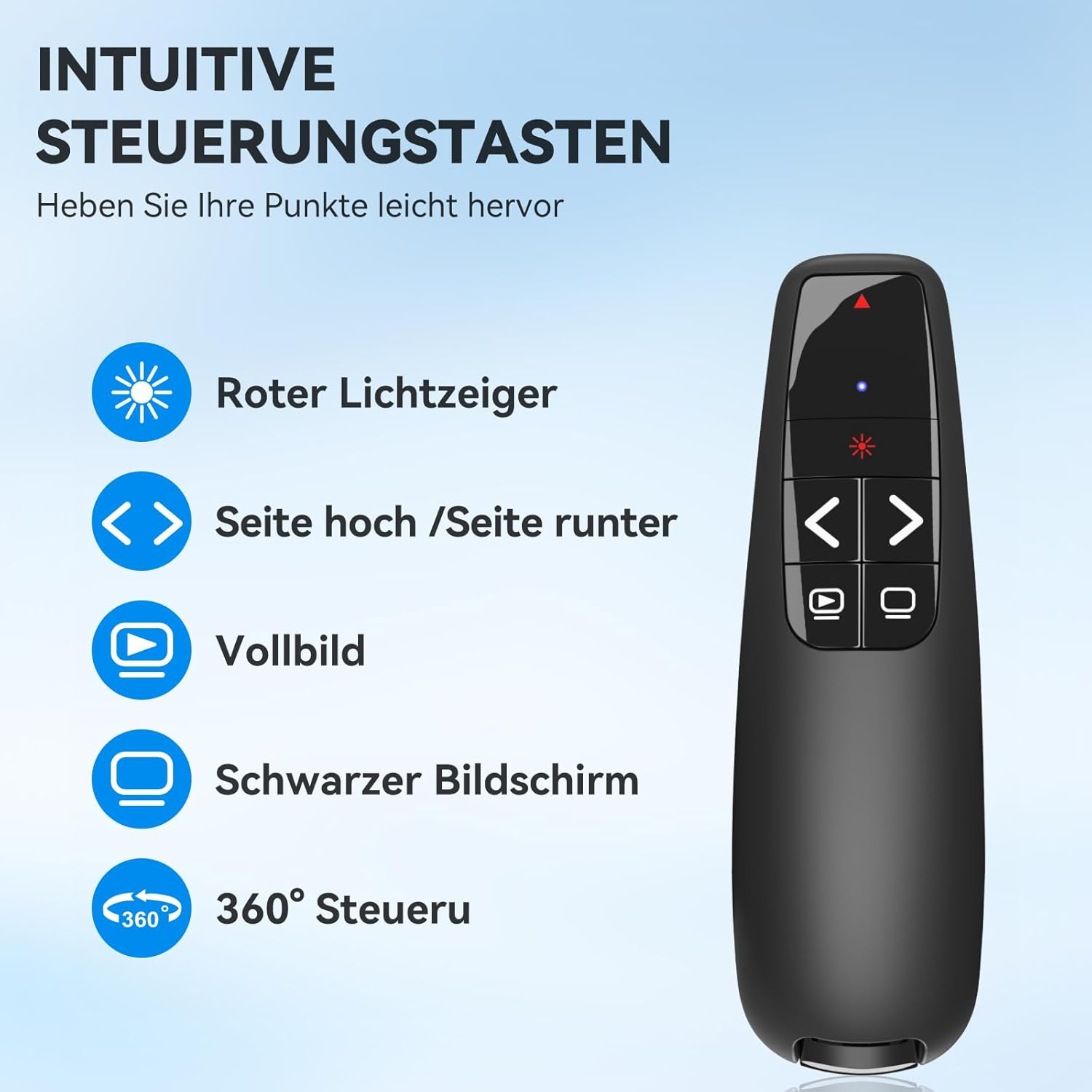 Schwarzer Presenter mit Symbolen für Lichtzeiger, Seite hoch/runter, Vollbild, schwarzer Bildschirm, 360° Steuerung.