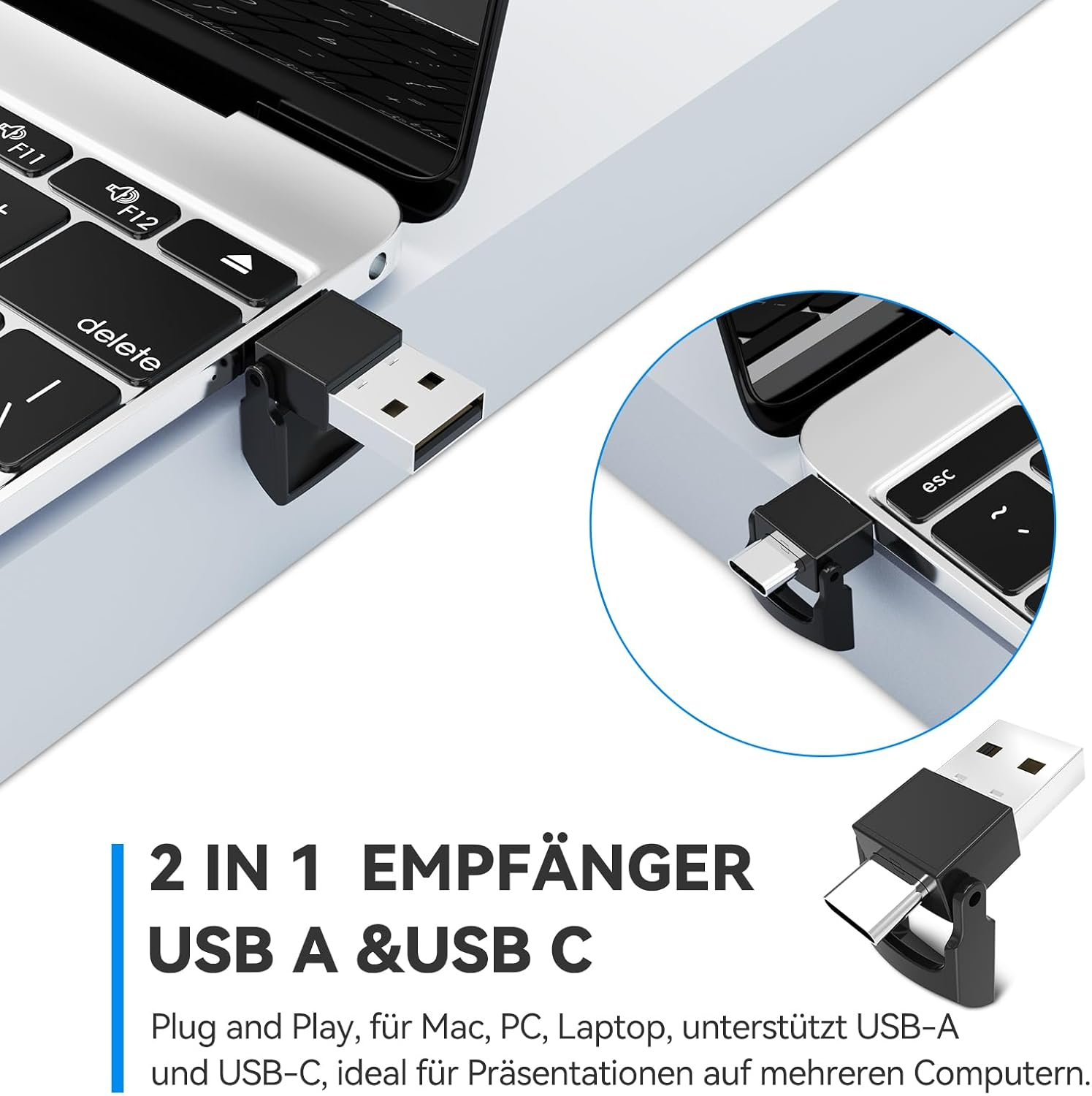 Ein USB-A- und USB-C-Adapter für Laptops, mit Text.