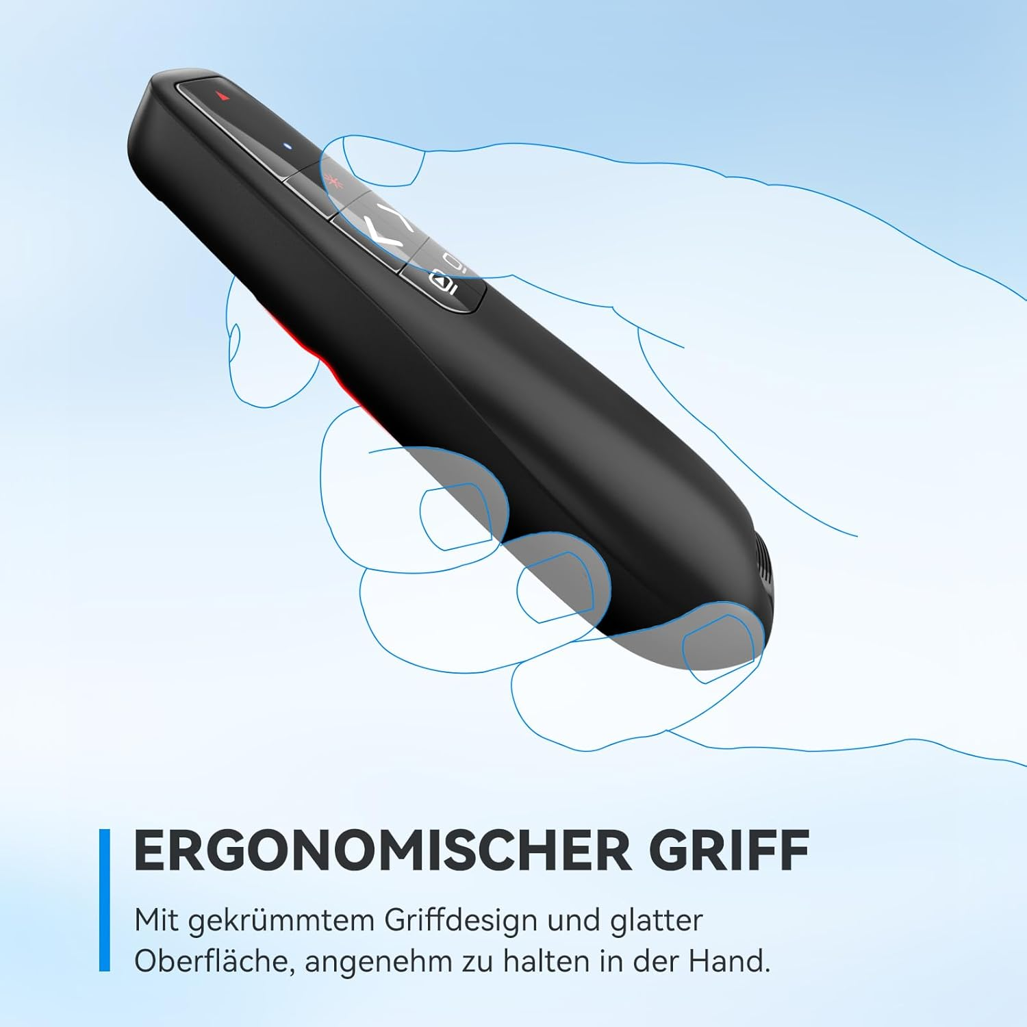 Schwarzer Klicker mit blauen Linien, die eine Hand darstellen.