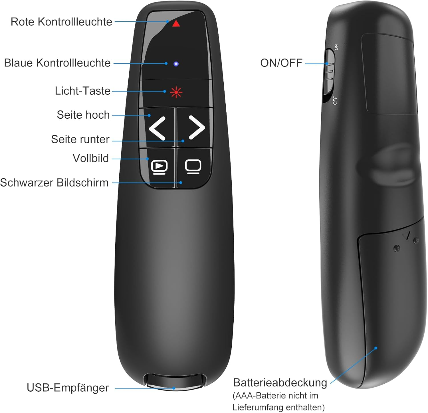 Schwarzer Presenter mit Bedienelementen, USB-Empfänger und Batteriefach.