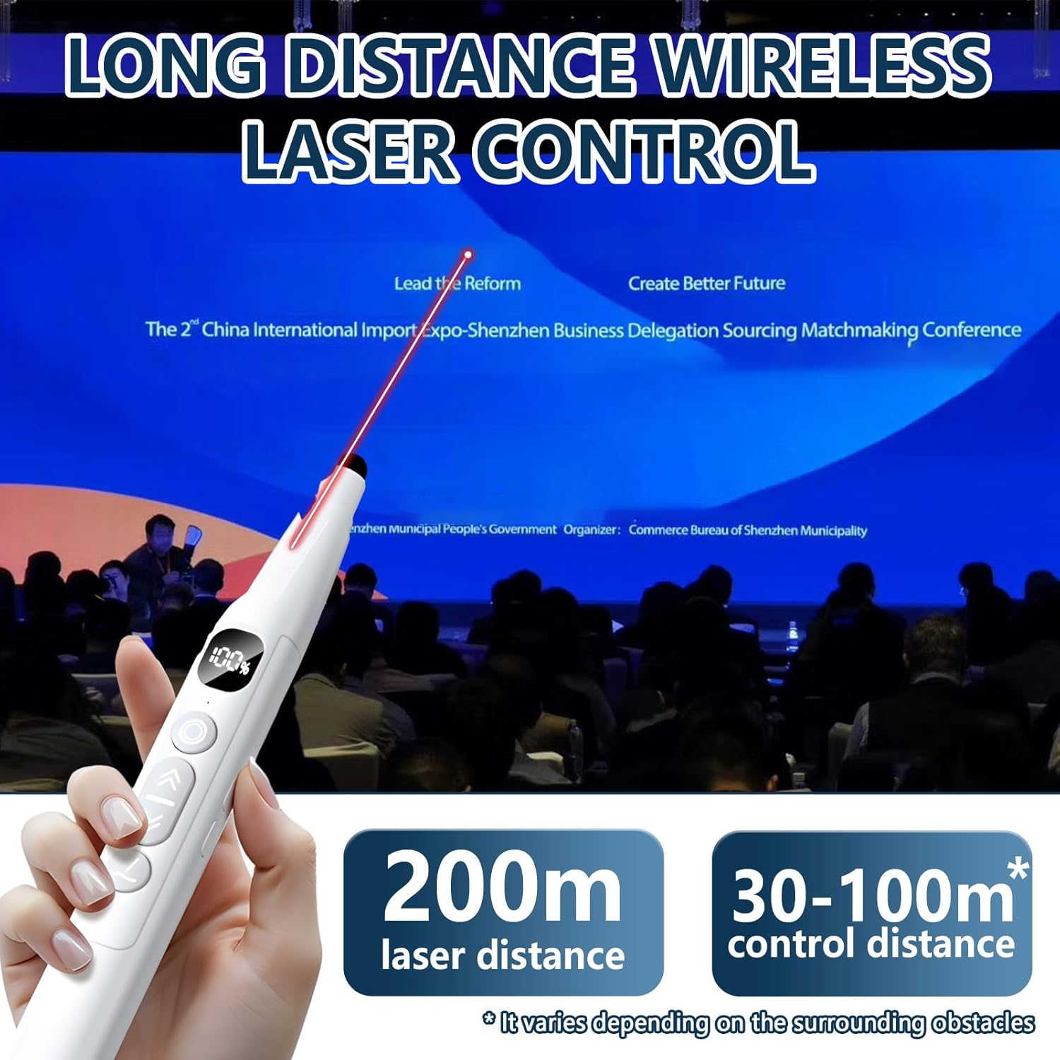 Ein weißer Laser-Präsentationsstift mit rotem Laserstrahl, der auf eine Leinwand zielt.