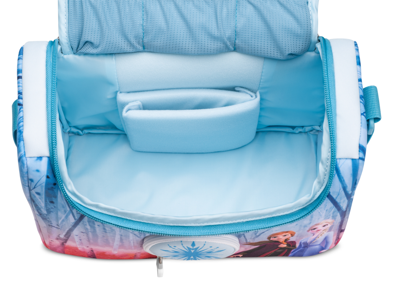 Offene blaue Tasche mit Frozen-Motiv und Innenfächern.