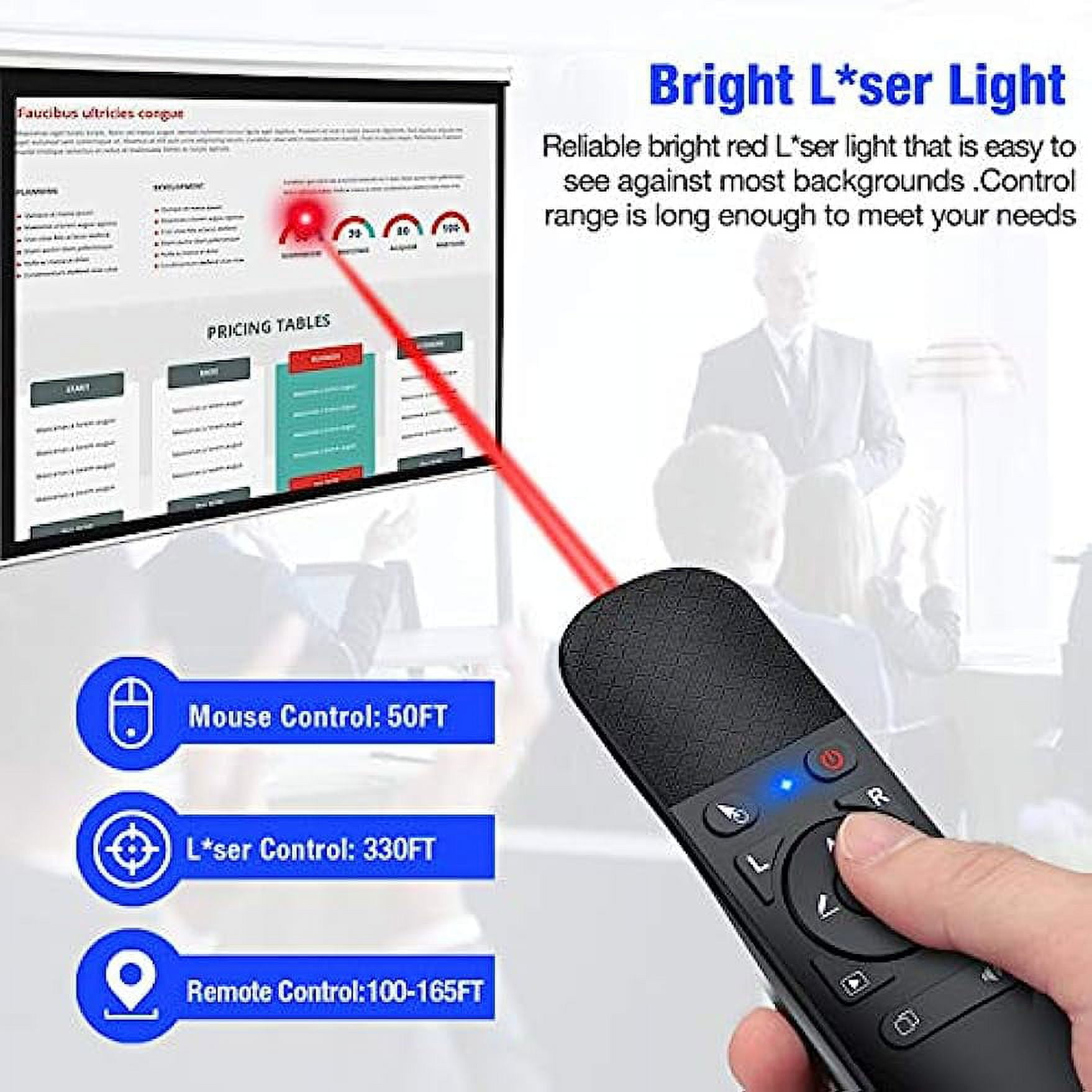 Fernbedienung mit rotem Laserpointer, der auf eine Präsentation zeigt.