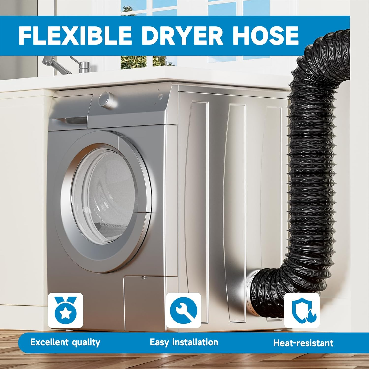 Eine silberne Waschmaschine mit einem schwarzen flexiblen Trocknerschlauch.