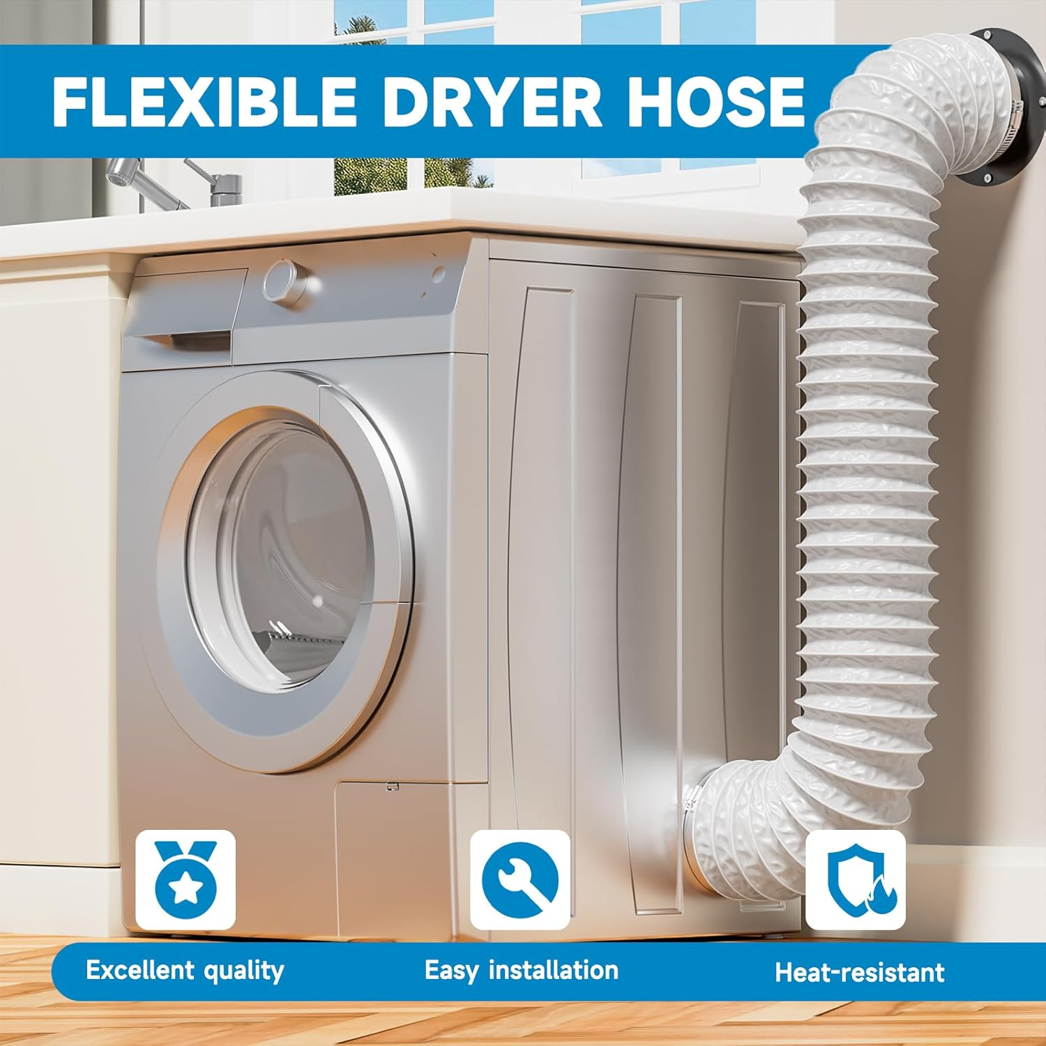 Silberne Waschmaschine mit weißem Flexschlauch an der Wand montiert.