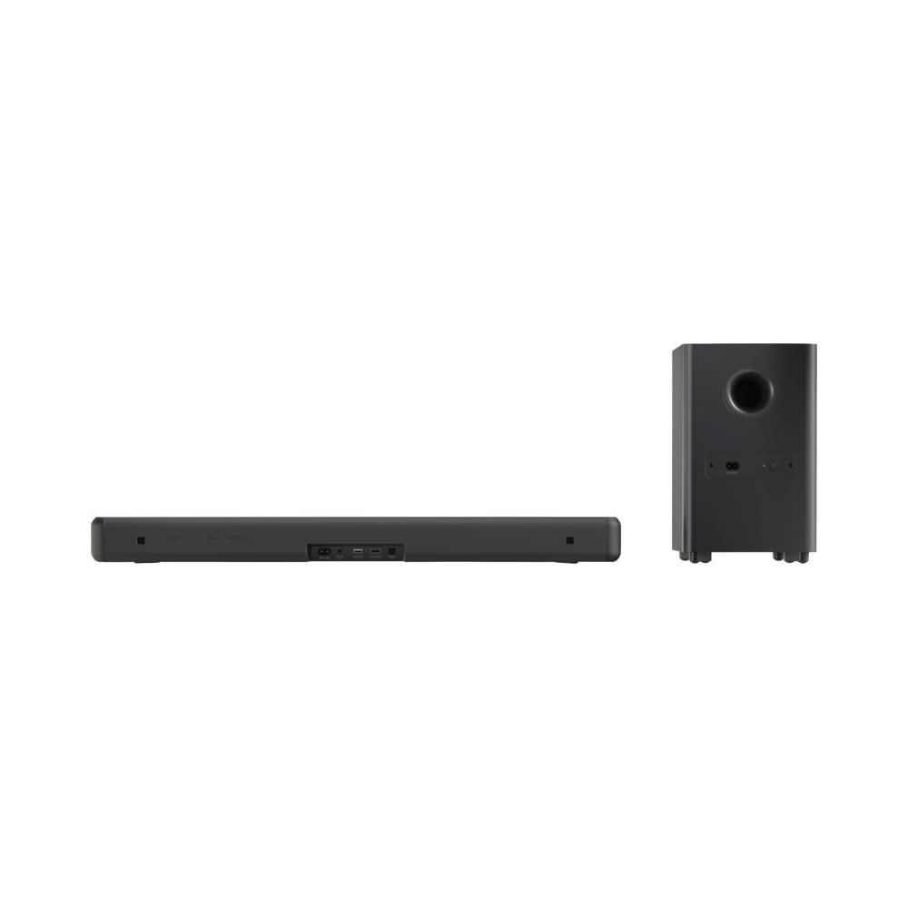 Schwarze Soundbar und Subwoofer nebeneinander auf weißem Grund.