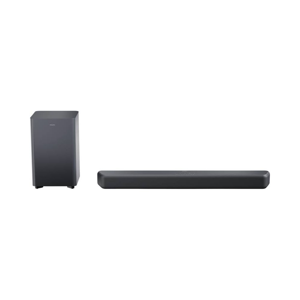 Ein dunkler Subwoofer und eine Soundbar stehen nebeneinander auf weißem Grund.