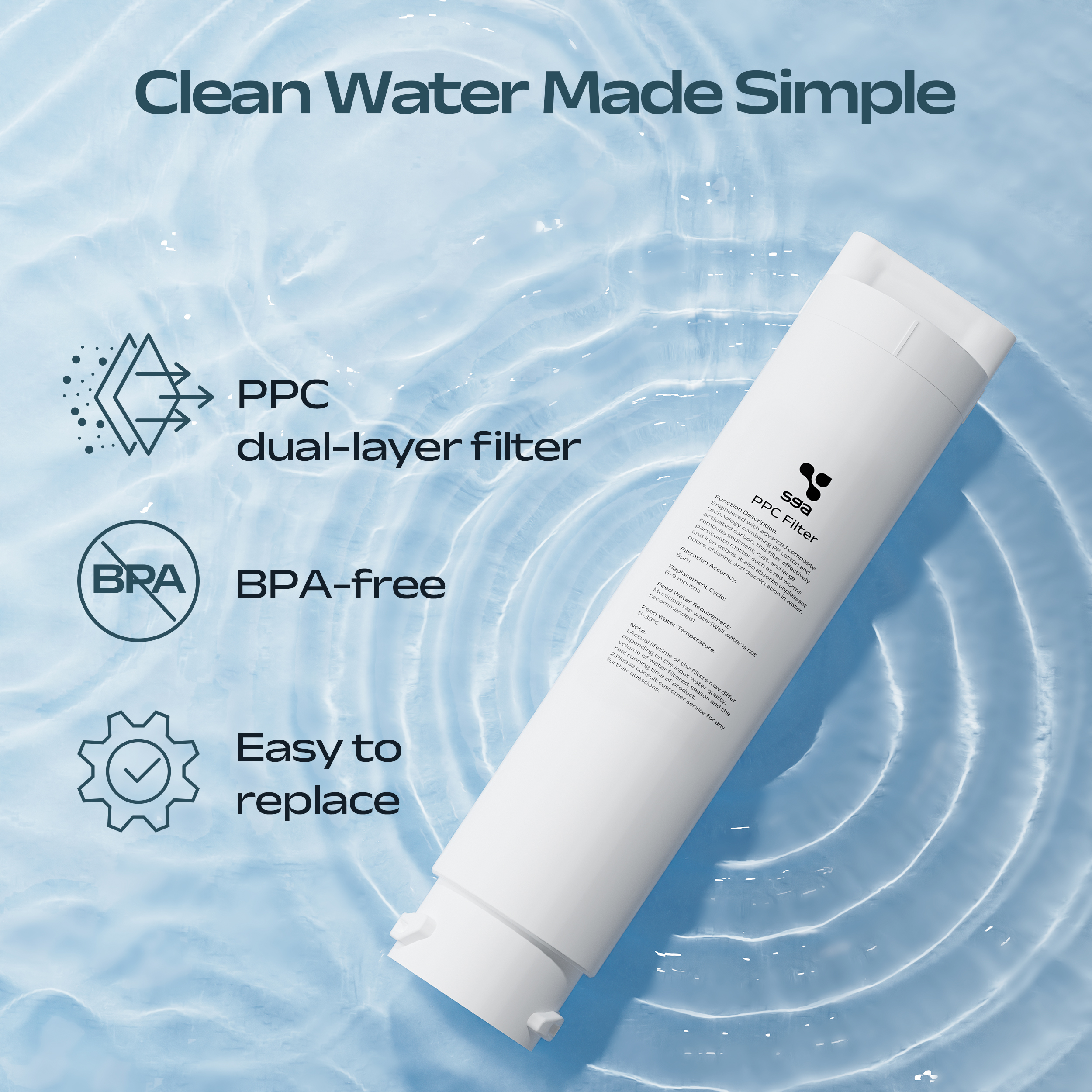 Ein weißer Wasserfilter liegt auf blauem Wasser mit Wellen. Text hebt hervor: PPC, BPA-frei, einfach zu ersetzen.