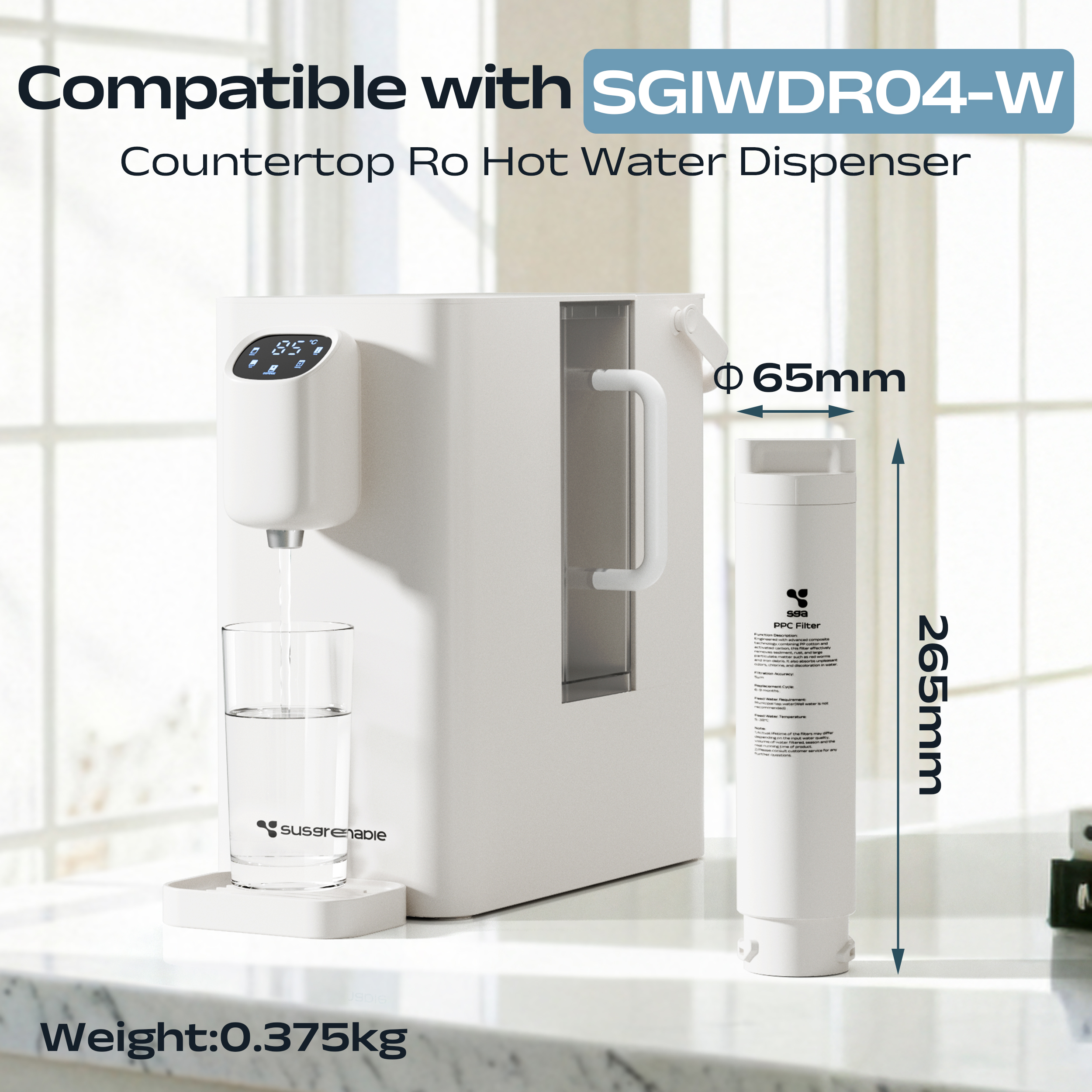 Ein weißer Wasserspender mit Filter, der Wasser ausgießt. Maße und Gewicht sind angegeben.