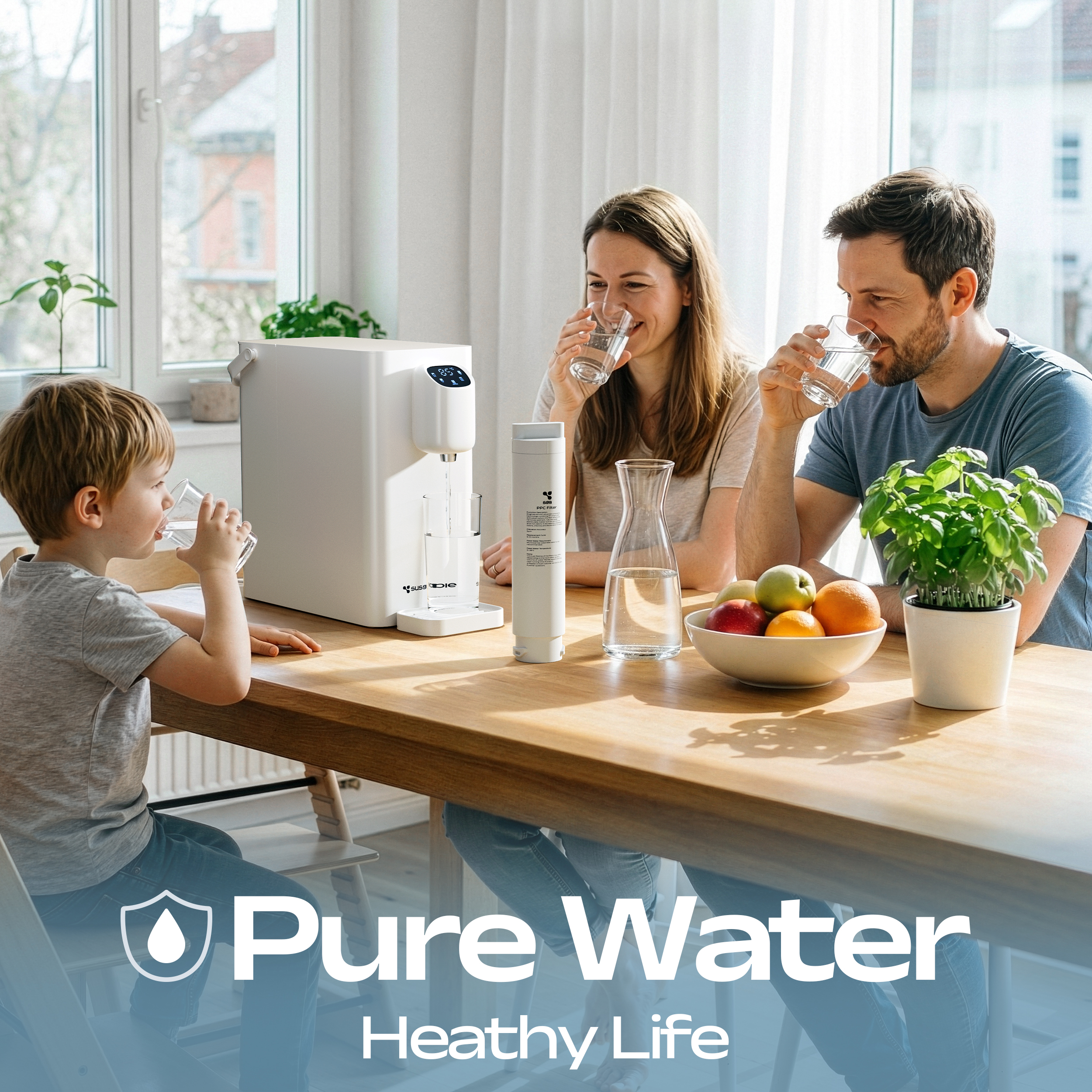 Familie trinkt Wasser aus einem Wasserspender an einem Holztisch.