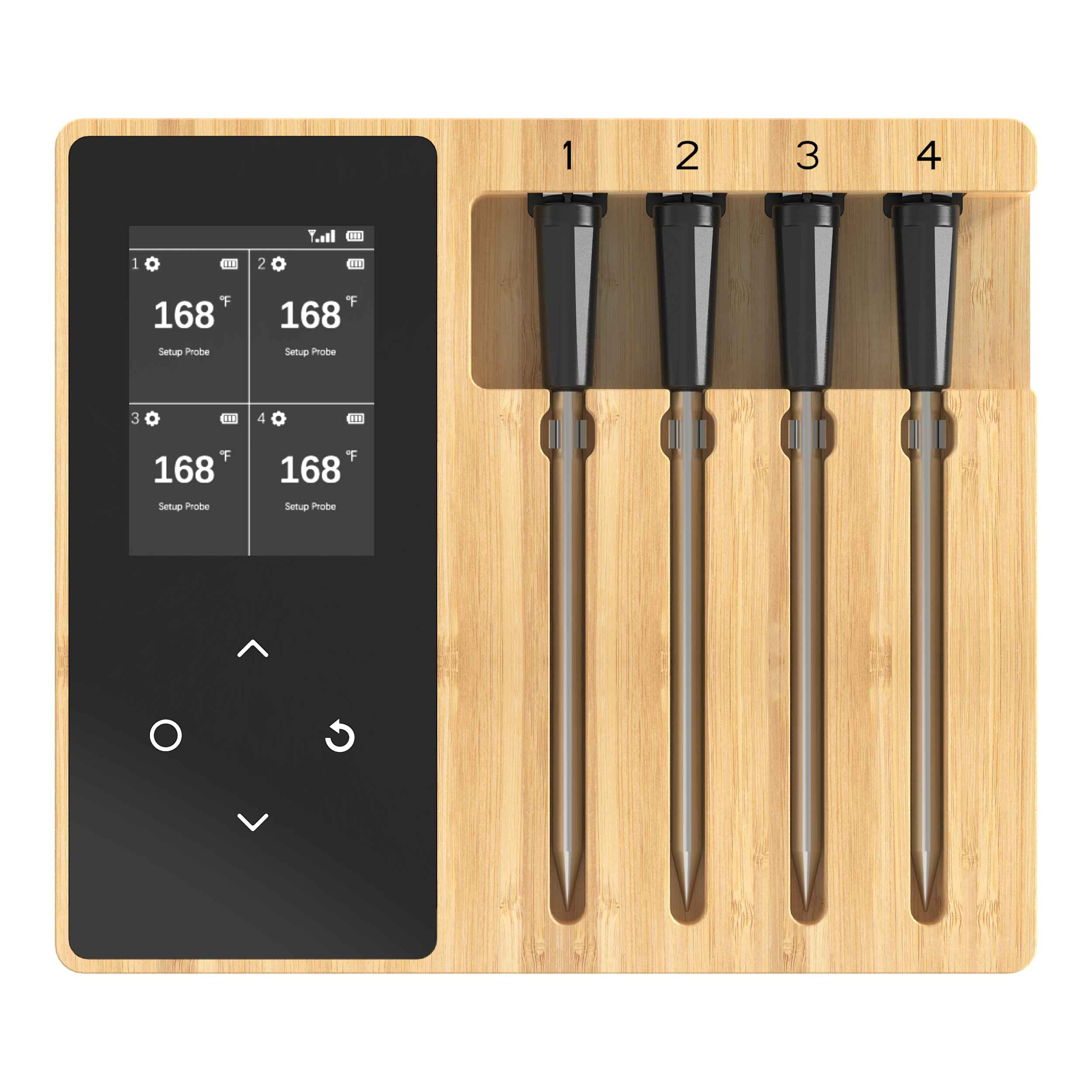 Ein digitales Thermometer mit vier Sonden in einem Holzständer.
