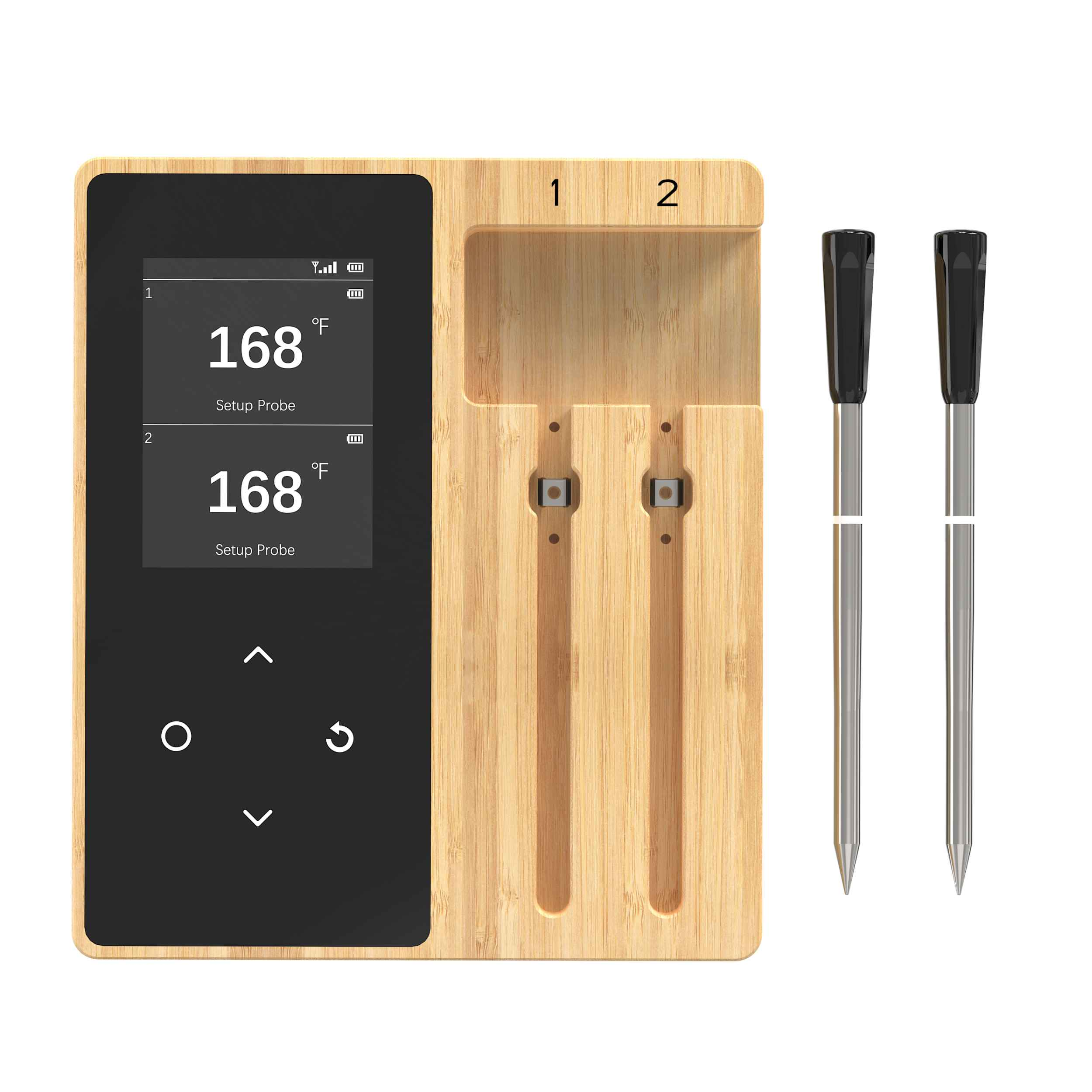 Ein digitaler Fleischthermometer mit zwei Sonden auf einem Bambusdisplay.