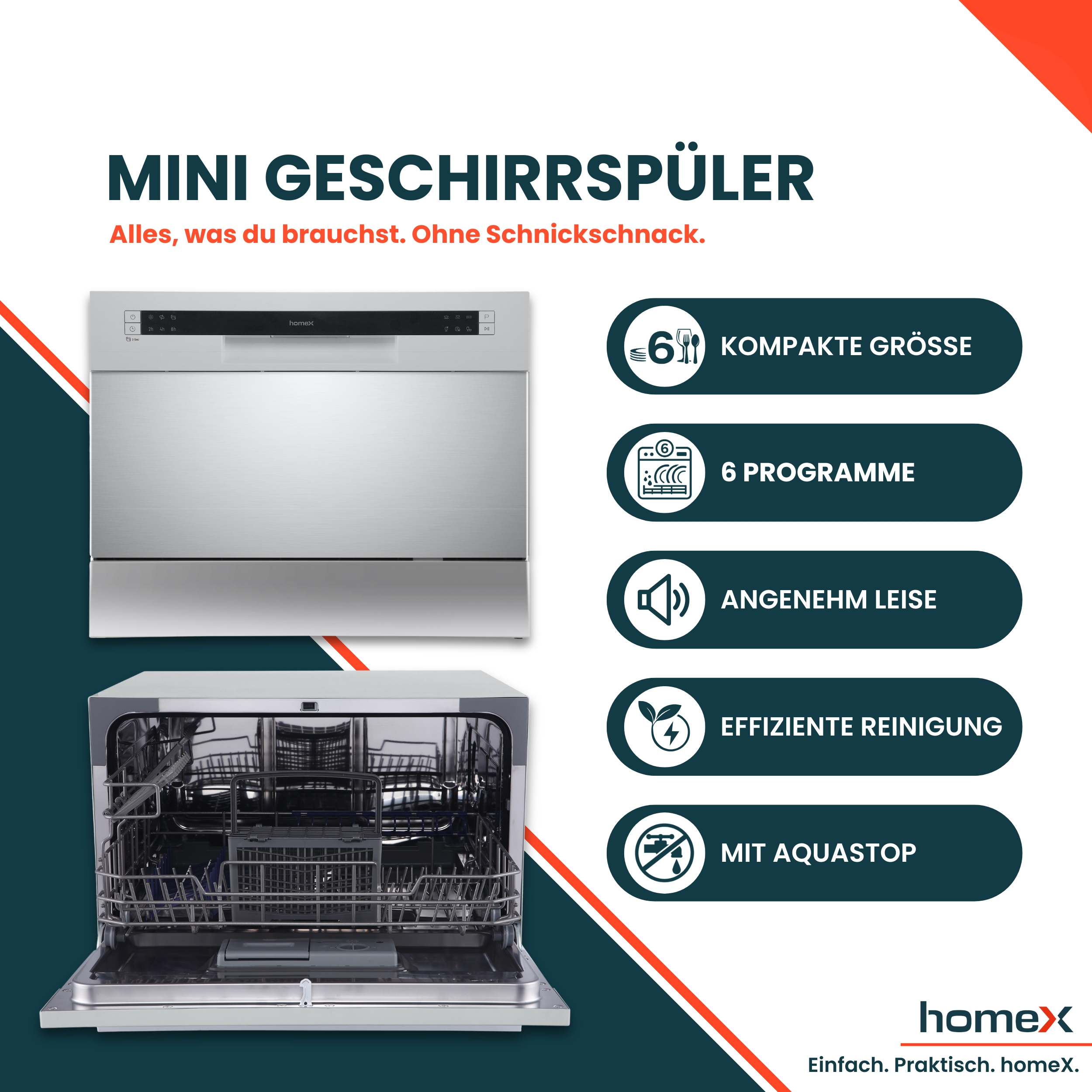 Ein silberner Mini-Geschirrspüler mit geöffneter Tür, der seine Körbe zeigt. Daneben sind Icons mit Texten.
