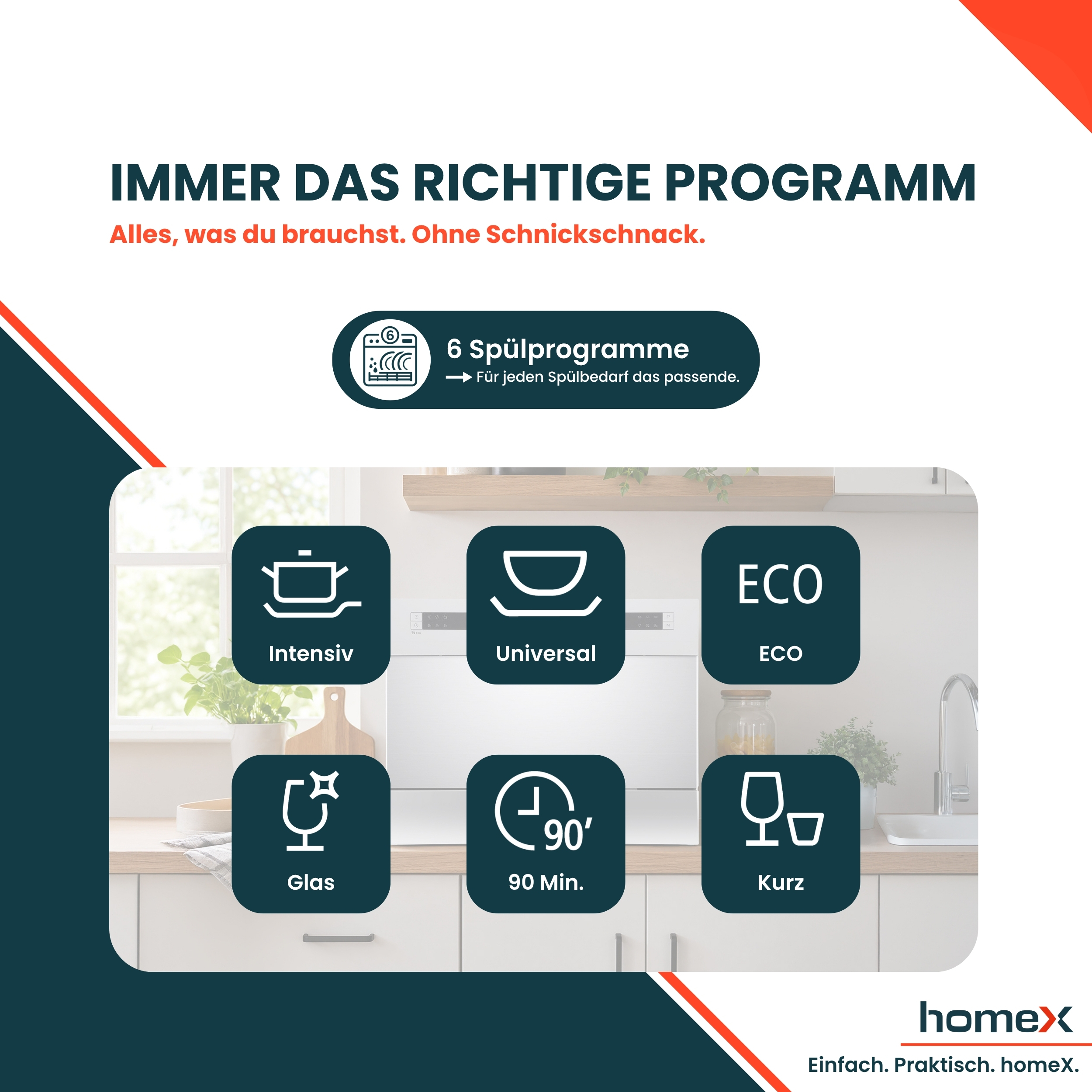 Ein Geschirrspüler mit 6 Programmen: Intensiv, Universal, ECO, Glas, 90 Min., Kurz.
