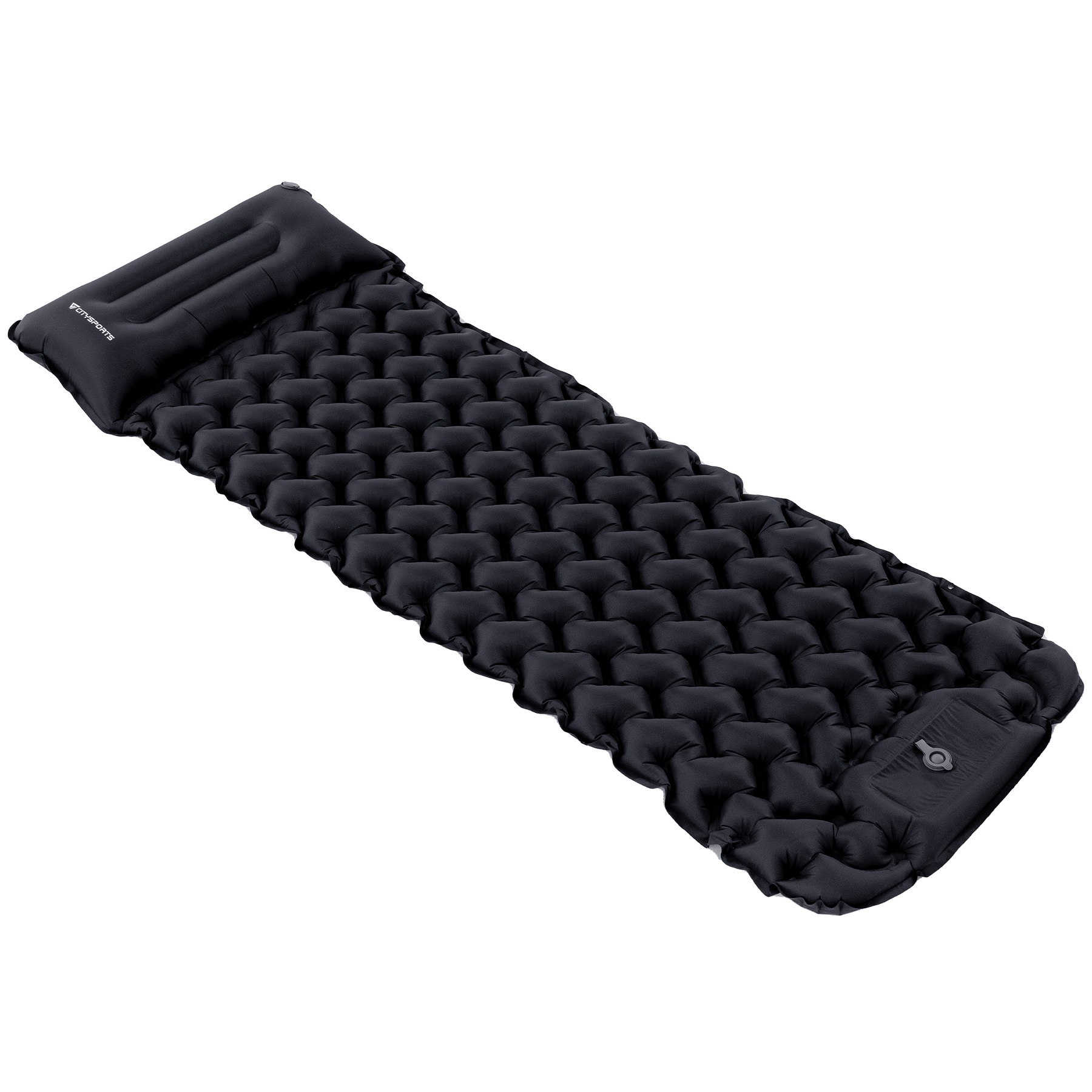 Colchoneta inflable negra con estructura de panal y almohada integrada.
