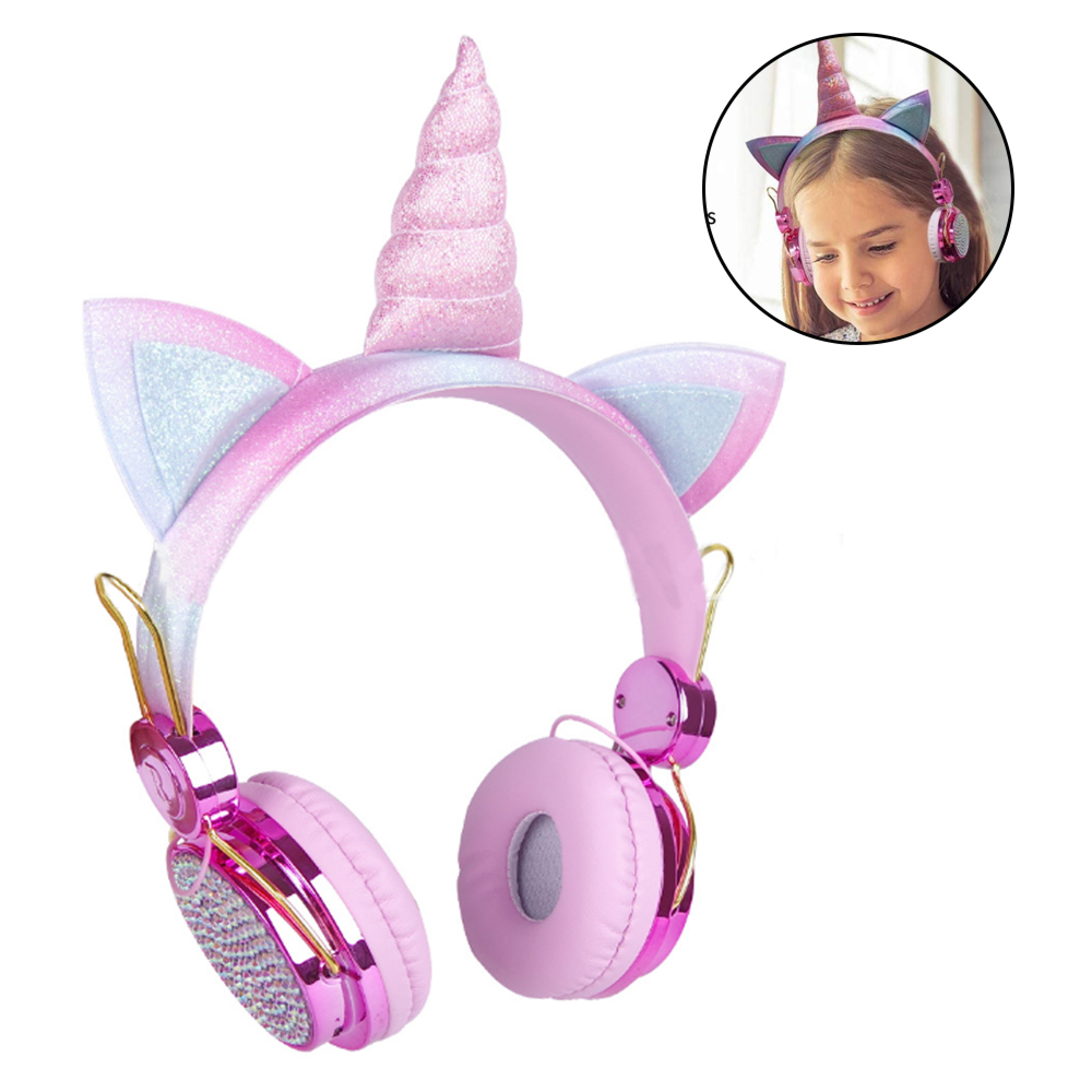 Pinke Einhorn-Kopfhörer mit Glitzer und Ohren.